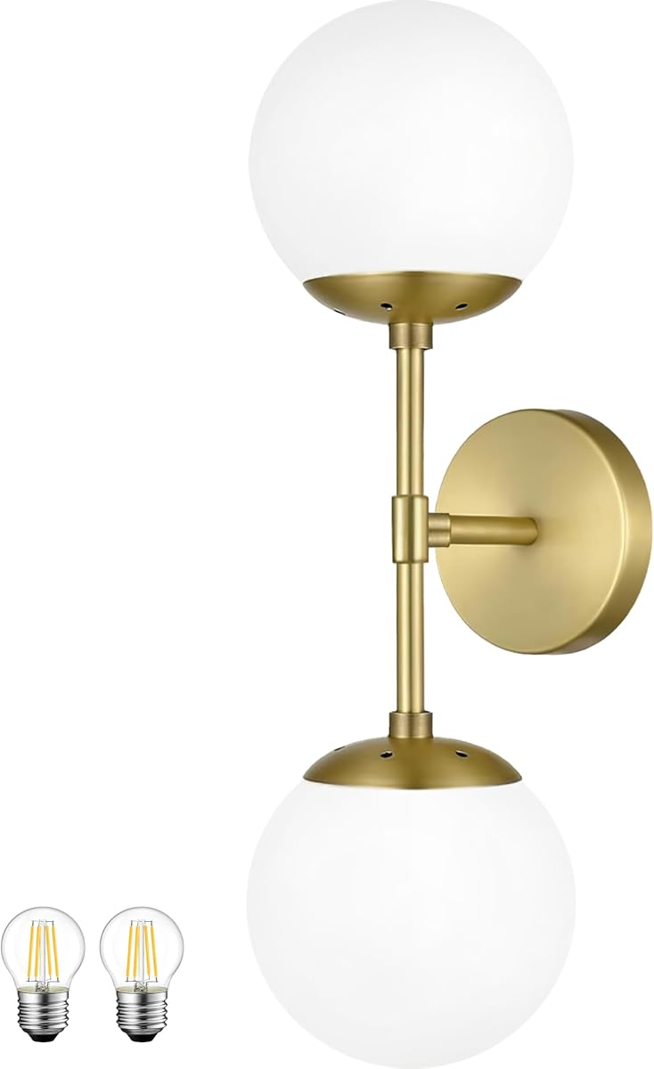 KoKo&Yukina Mid Century Modern Bathroom Lights Gold Vanity Light Fixtures Globe Sconce 2-Light Bathroom Gold Vanity Light Mid Century Glass Globe Wall Lights
