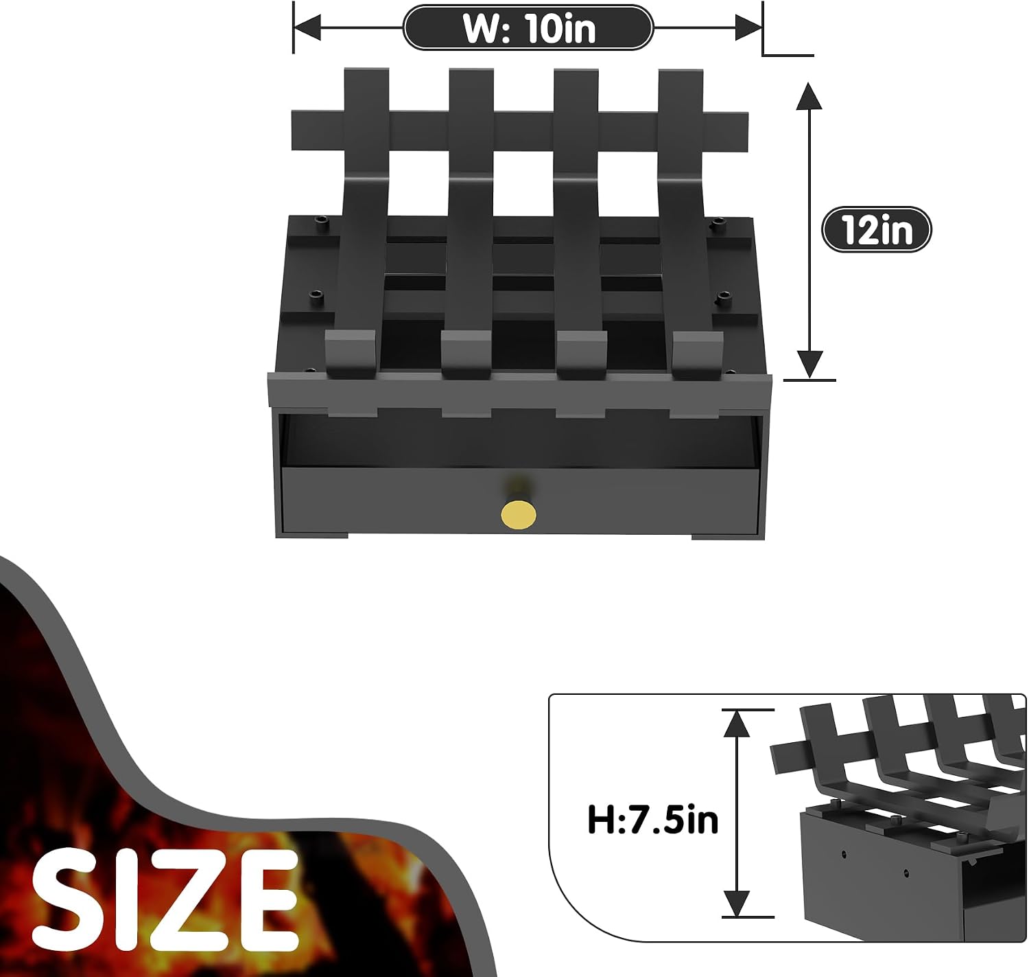 Air Jade Fireplace Grate with Ash Tray, 10" Wide Heavy Duty Wrought Iron Fireplace Log Grate, Firewood Burning Rack Holder with Ash Pan for Indoor Chimney Hearth, Wood Stove, and Small Fireplace