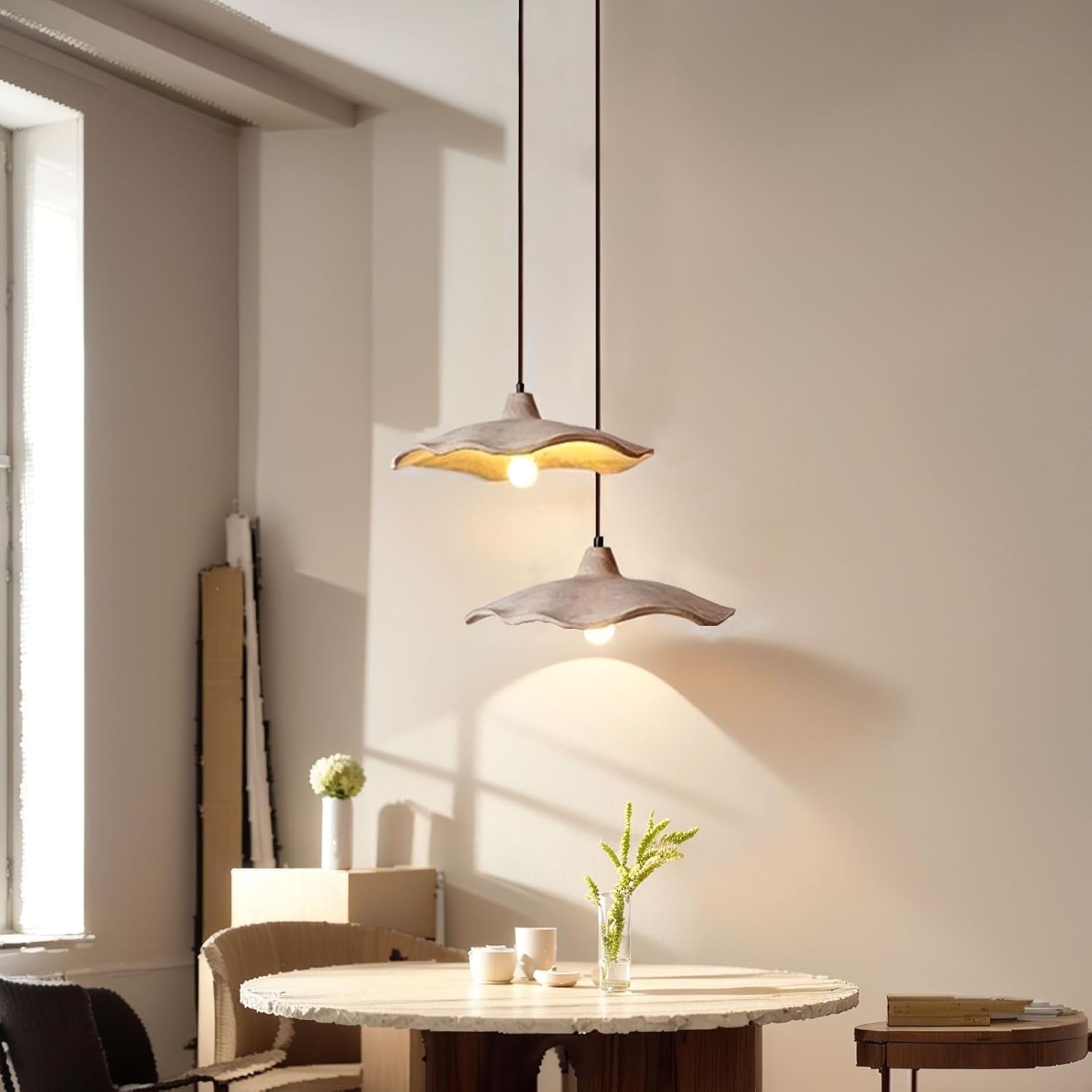 SYAXVOM Modern Wabi-Sabi Hanging Light - Adjustable E27 Kitchen Island Lamp with Concrete Flower Shade Unique Cement Pendant Chandelier for Dining Room Bedroom & Living