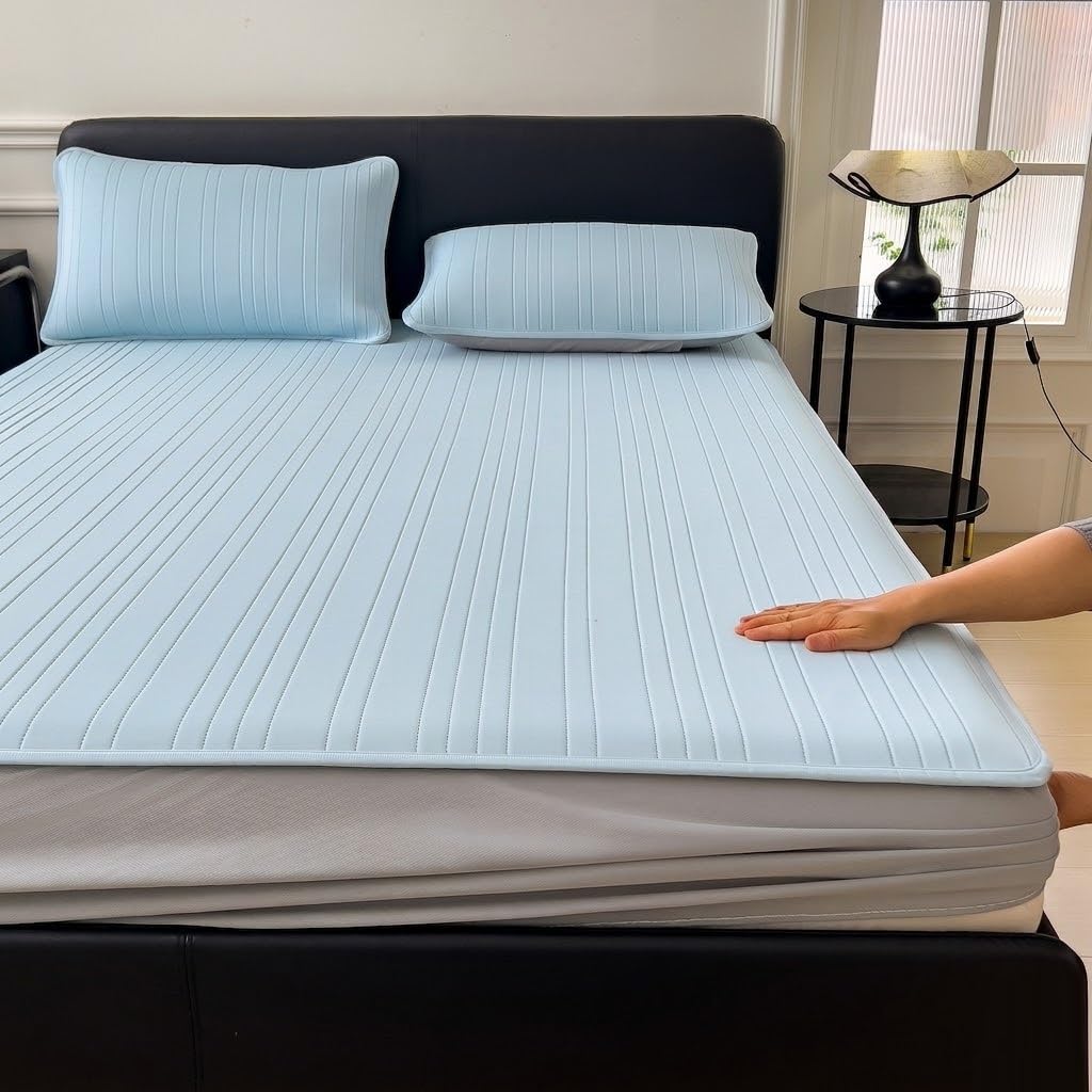 WFXXZL Fitted Sheet Only, Cooling Fitted Sheet Silky Soft Breathable Bottom Sheets Elastic Bed Sheets with 12" Deep Pocket(Blue,180 * 200cm)