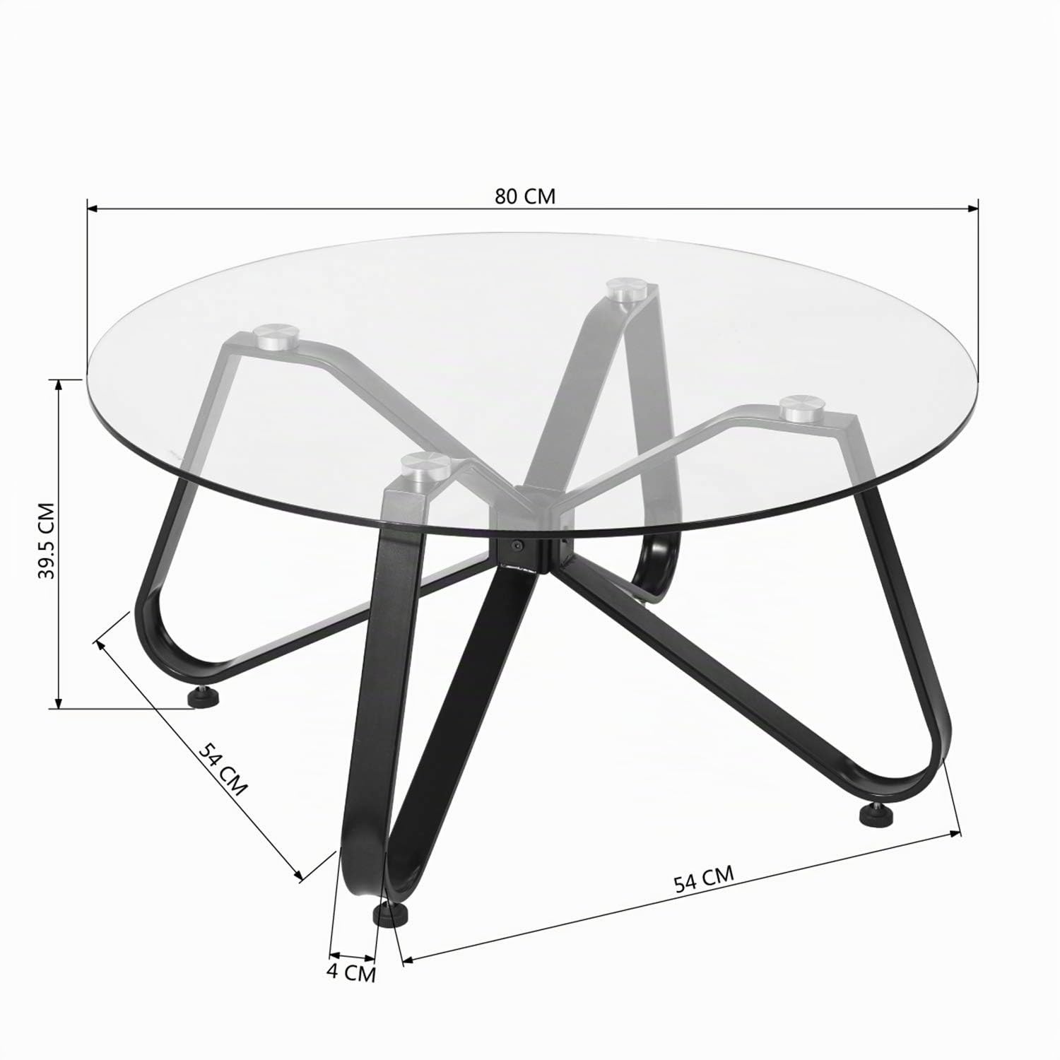 FurnitureR Glas Couchtisch, Wohnzimmertisch, Runder Sofatisch, Couchtisch für Couch, Schlafzimmer, Stabiles Metallgestell, Schwarz + Transparent, 80 × 80 × 40 cm