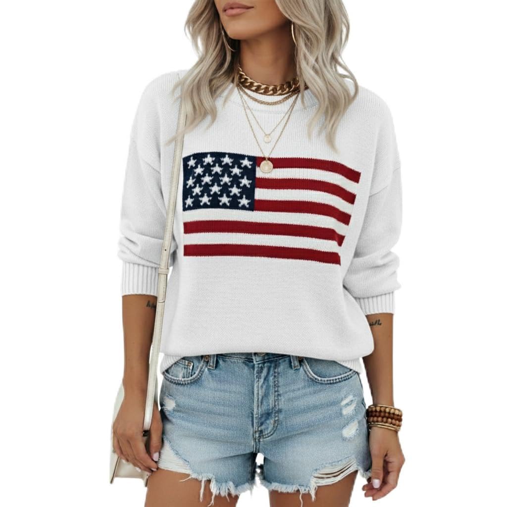 Noni Womens American Flag Pattern Long Sleeve Lightweight Round Neck Sweater Casual Loose Pullover Sweater
