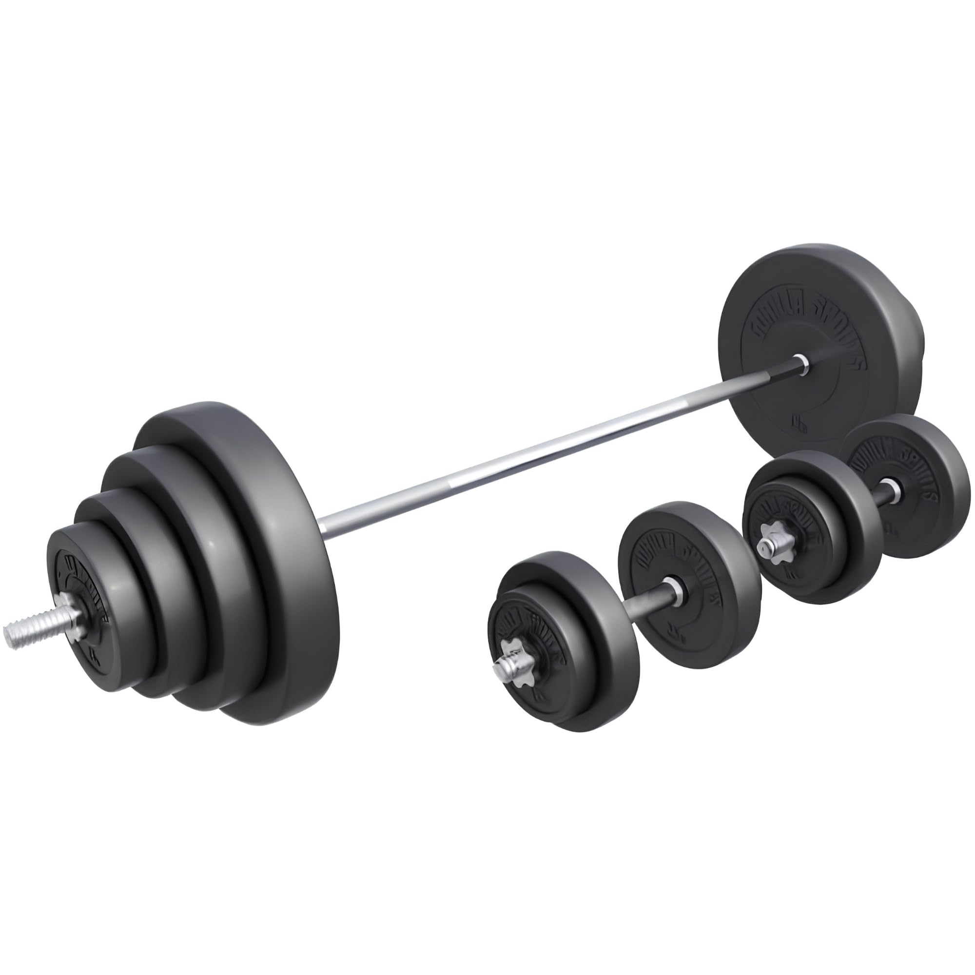 GORILLA SPORTS® Juego de mancuernas – 60 kg, 100 kg o 130 kg, barra larga de 170 cm, 2 mancuernas, discos de plástico de 30 mm, con cierres de estrella – Juego de mancuernas, mancuernas, pesas y