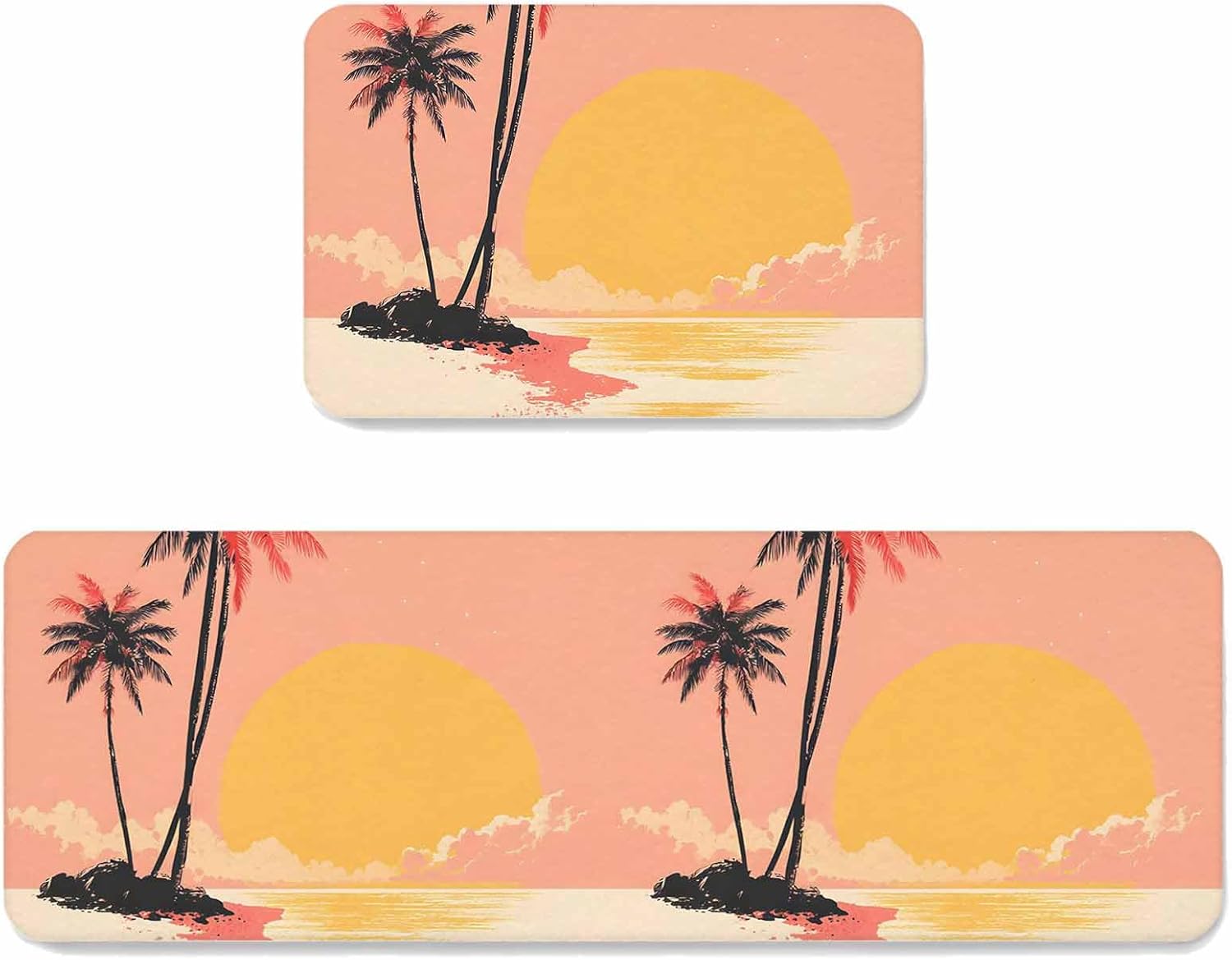 Tropical Plant Kitchen Mat Set 2 Pieces Red Black Palm Tree Sunset Coastal Beach Ocean Non Slip Kitchen Rugs Washable Runner Rug Mats for Floor Sink Laundry Office 19.7" x 31.5"+19.7" x 47.2"