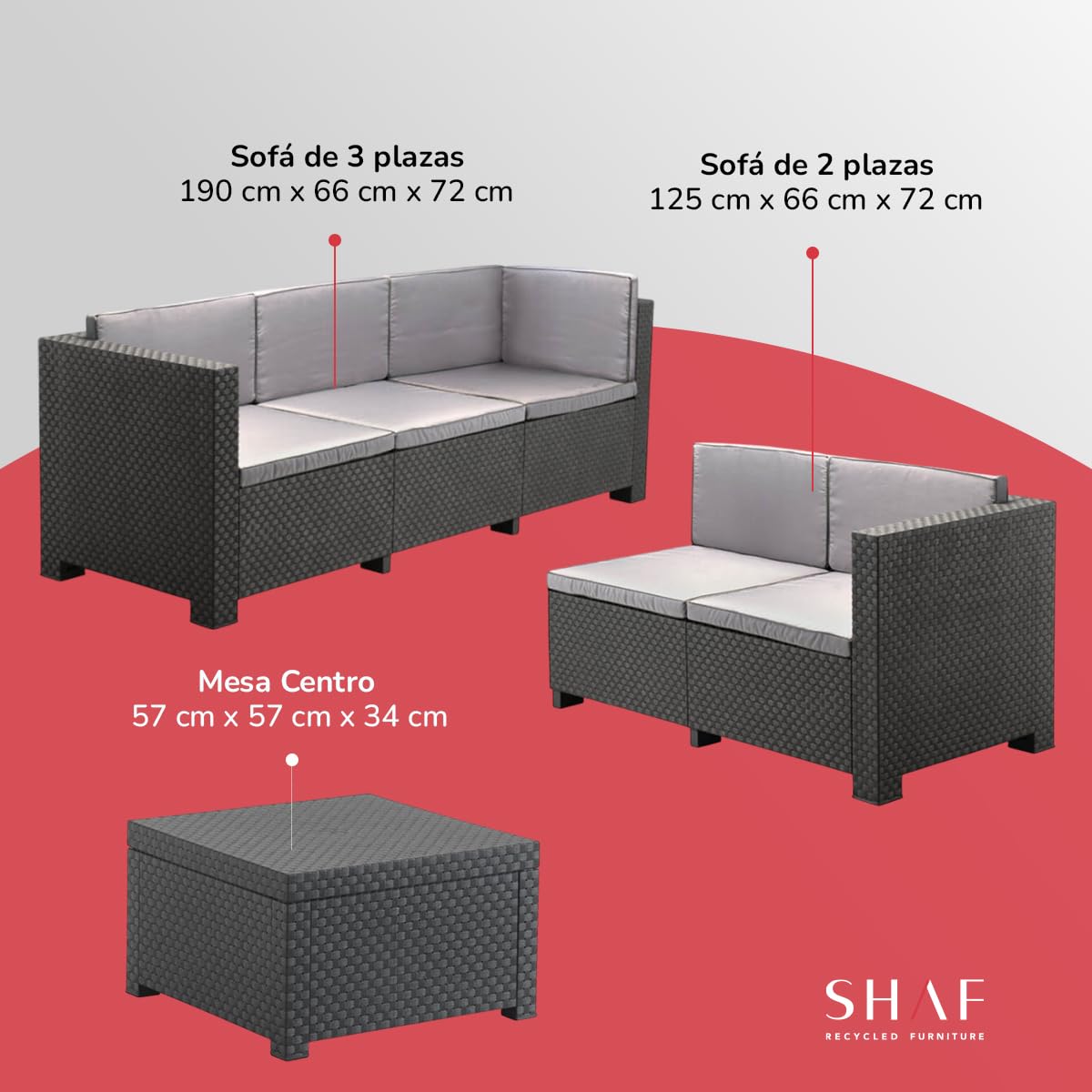 SP Berner - Set de Muebles de Jardín y Terraza Oasis Color Grafito - Tres Piezas - Sofá Canapé 3 y 2 Plazas y Mesa de Centro con Almacenaje - Fabricado en España con Plástico Reciclado