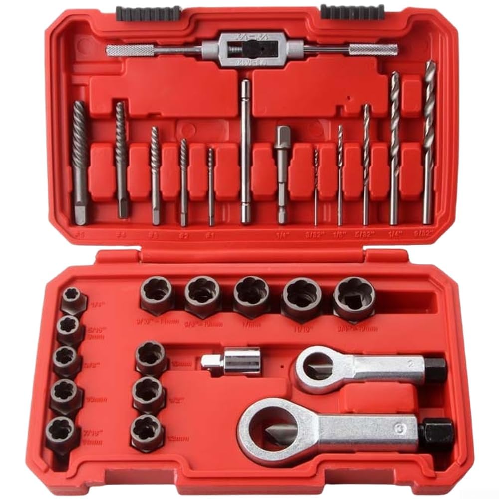 Juego de extractores de tornillos (29 piezas, acero al carbono) | Juego de 29 piezas de acero de alto carbono, extra duro para m3, incluye caja de almacenamiento