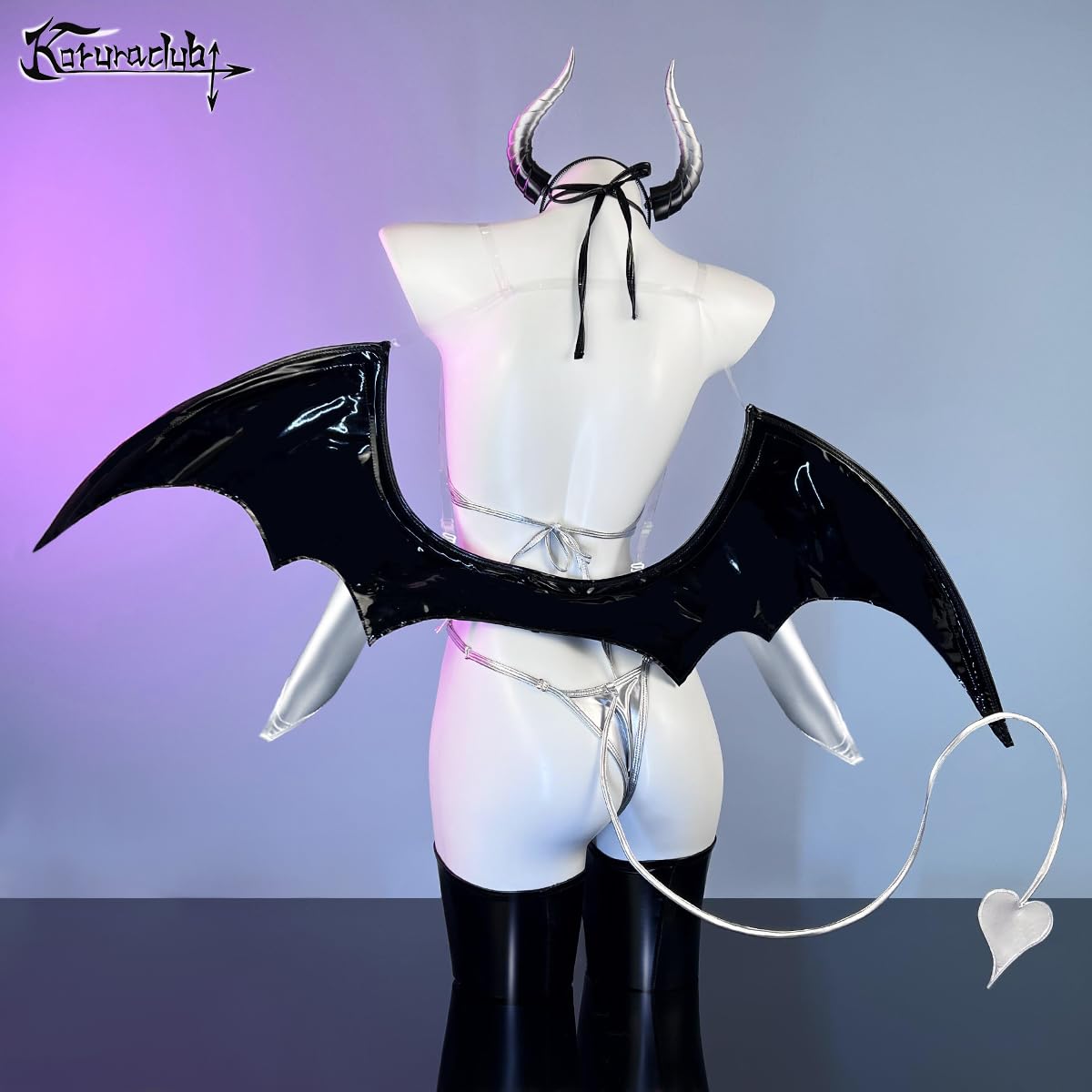 KORURACLUB Succubus costume premium pu cosplay lingerie for women wing devil lingerie: Silver Medium