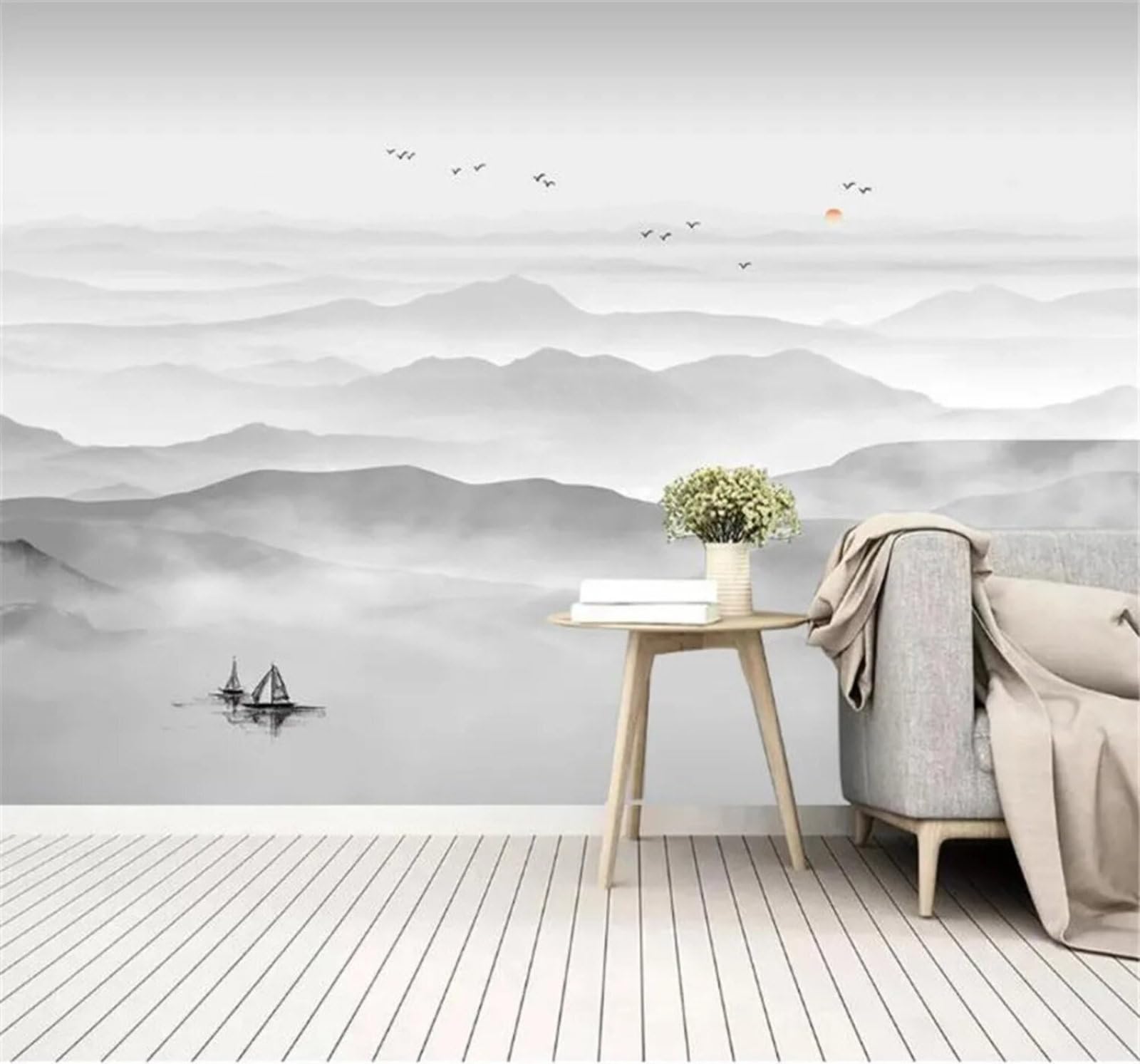 Tzxztt Unique Minimalist Ink Wash Landscape Scenery Modern 3D Wallpaper Premium Textured Silk Neutral Tones Material Ideal for Living Room Bedroom-150cm×105cm