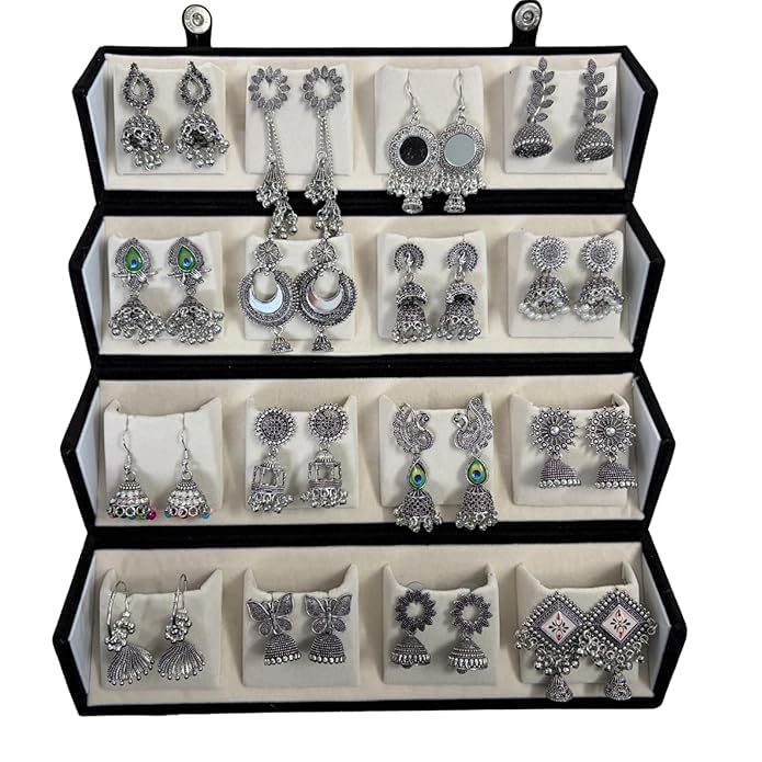 Set of 16 Oxidised Silver Look Jhumka Earrings Box for Women | 16 Pairs Traditional Ethnic Jhumki Combo Gift Hamper with Velvet Box | Festive Wedding Jewellery | Gift For Women