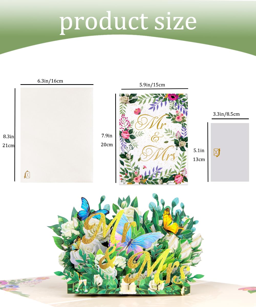 Magic Ants 3D Pop-Up Card Wedding, Mr. & Mrs. Card with White Roses, Butterflies and Gold Script - Image 3