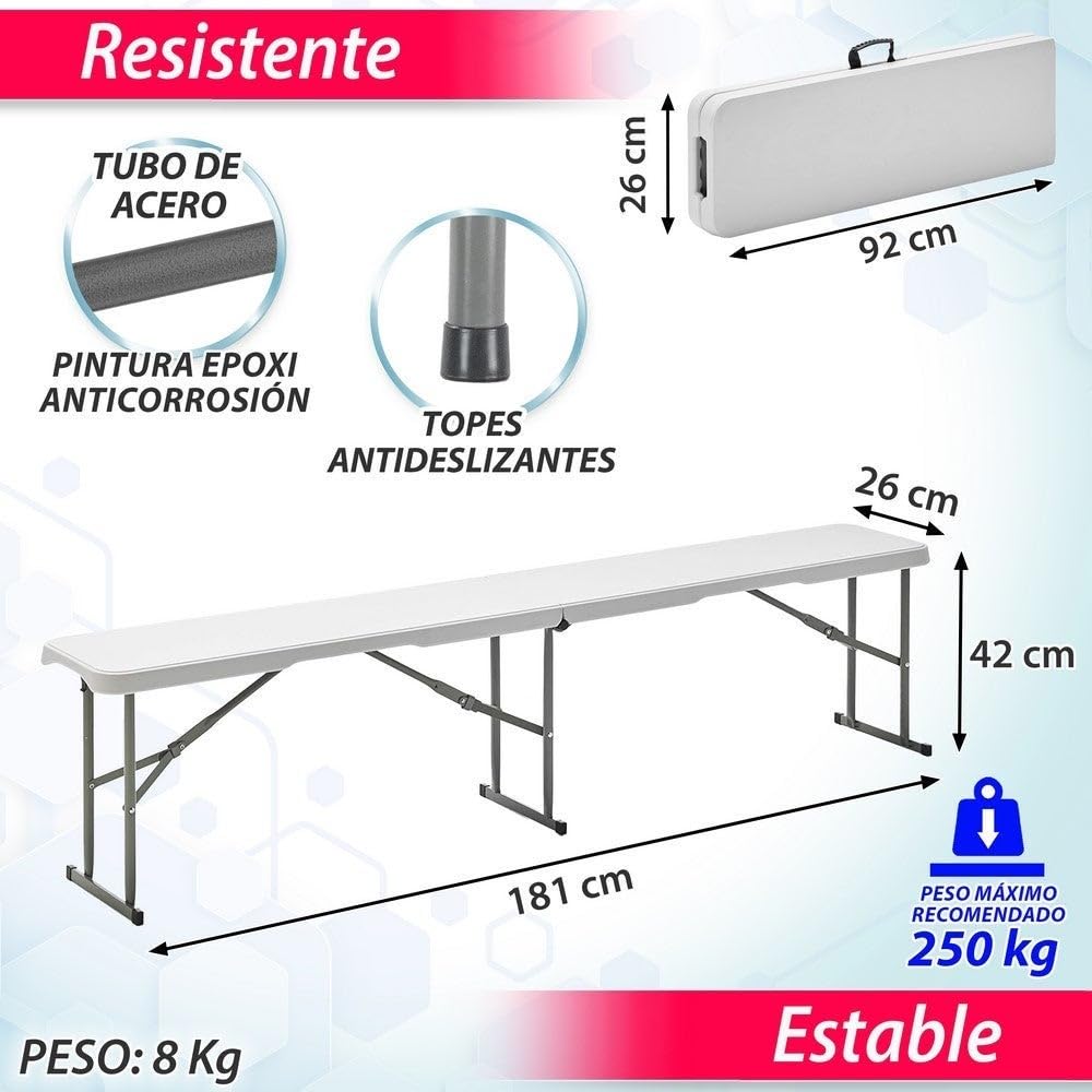 LOLAhome Set 2 Bancos Plegable, de Acero Anticorrosión y HDPE (De 181x26x42 cm) | Resistente, fácil Transporte, fácil Montaje | Ideal Acampadas, Picnic, Catering, Jardín, Terraza