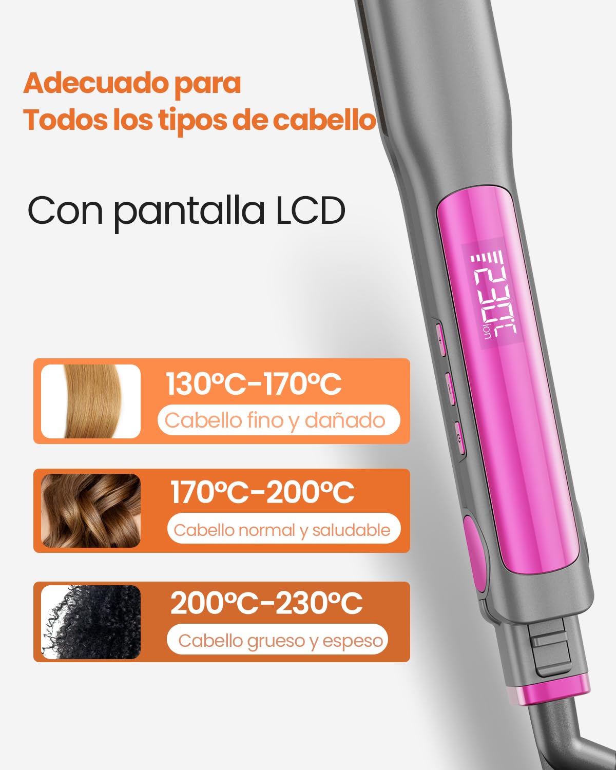 Faszin - Plancha para pelo con placas de titanio liso, plancha para alisar negativos iones protector, 20S calienta rápido, pantalla LCD, voltaje universal, alisador de pelo 2 en 1 (gris)