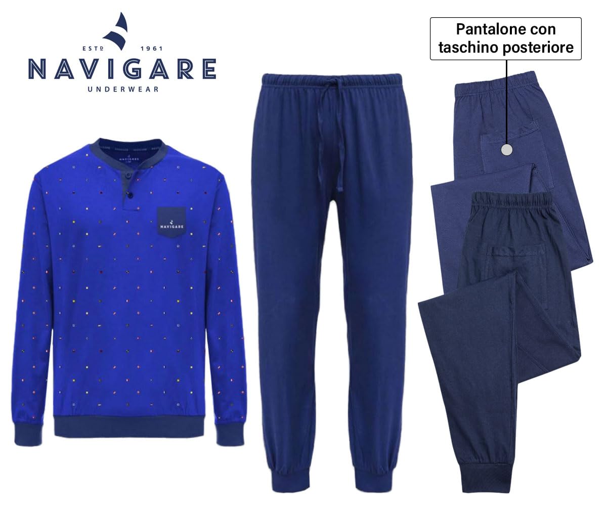 Navigare Pigiama Uomo Lungo in Cotone Jersey | Pigiama Leggero Primaverile ed Autunnale, Comodo e Traspirante | Taglie M, L, XL, XXL | Limited Edition