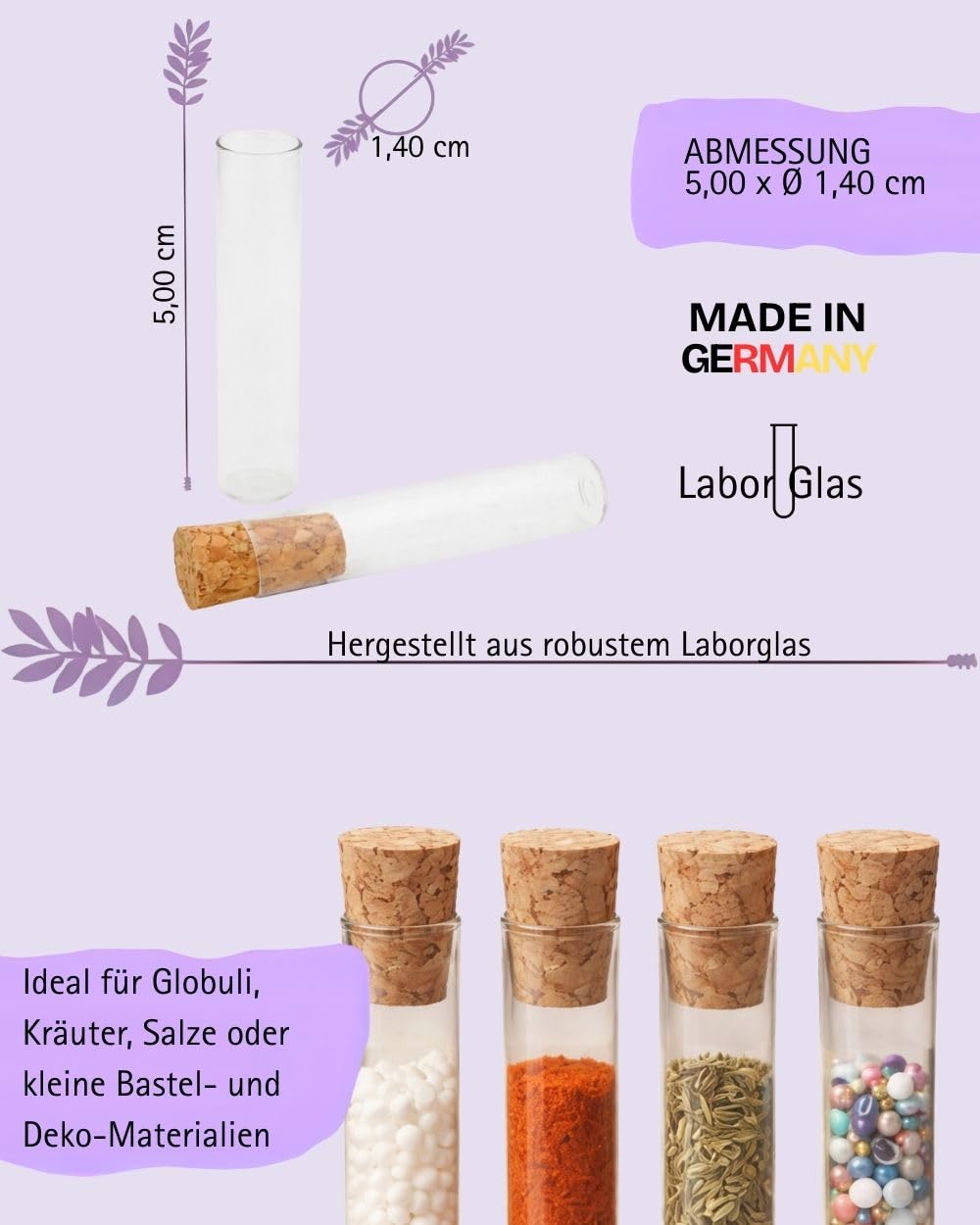 288 Stück Flachbodengläser | 50mm x Ø14mm | Globuligläser | transparente Laborgläser | Laborgefäß Klarglas | Reagenzglas stehend mit Natur Korkstopfen