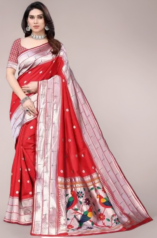 SATIKA RITI Women's Paithani Kanjivaram Pure Silk Handloom Saree Pure Silver Zari With Blouse Piece