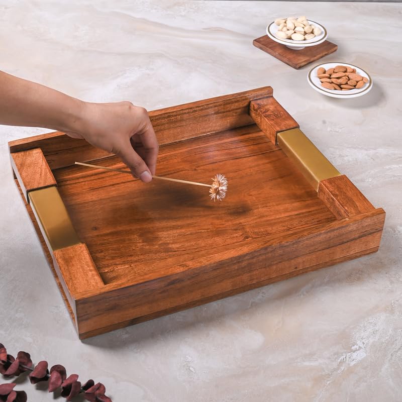 Image of Wooden Serving Tray with Stylish Handle - 15 Inch Rectangular Wooden Tray for Coffee Table, Kitchen, Breakfast & Home Decor | Multipurpose Organizer & Gift (Brass Inlay Corner Accents)