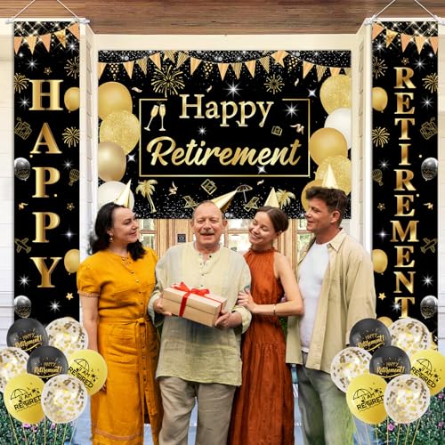 Sursurprise Retirement Party Decorations Black Gold, Happy Retirement Door Banner Backdrop, Retired Balloons for Women Men - Image 4