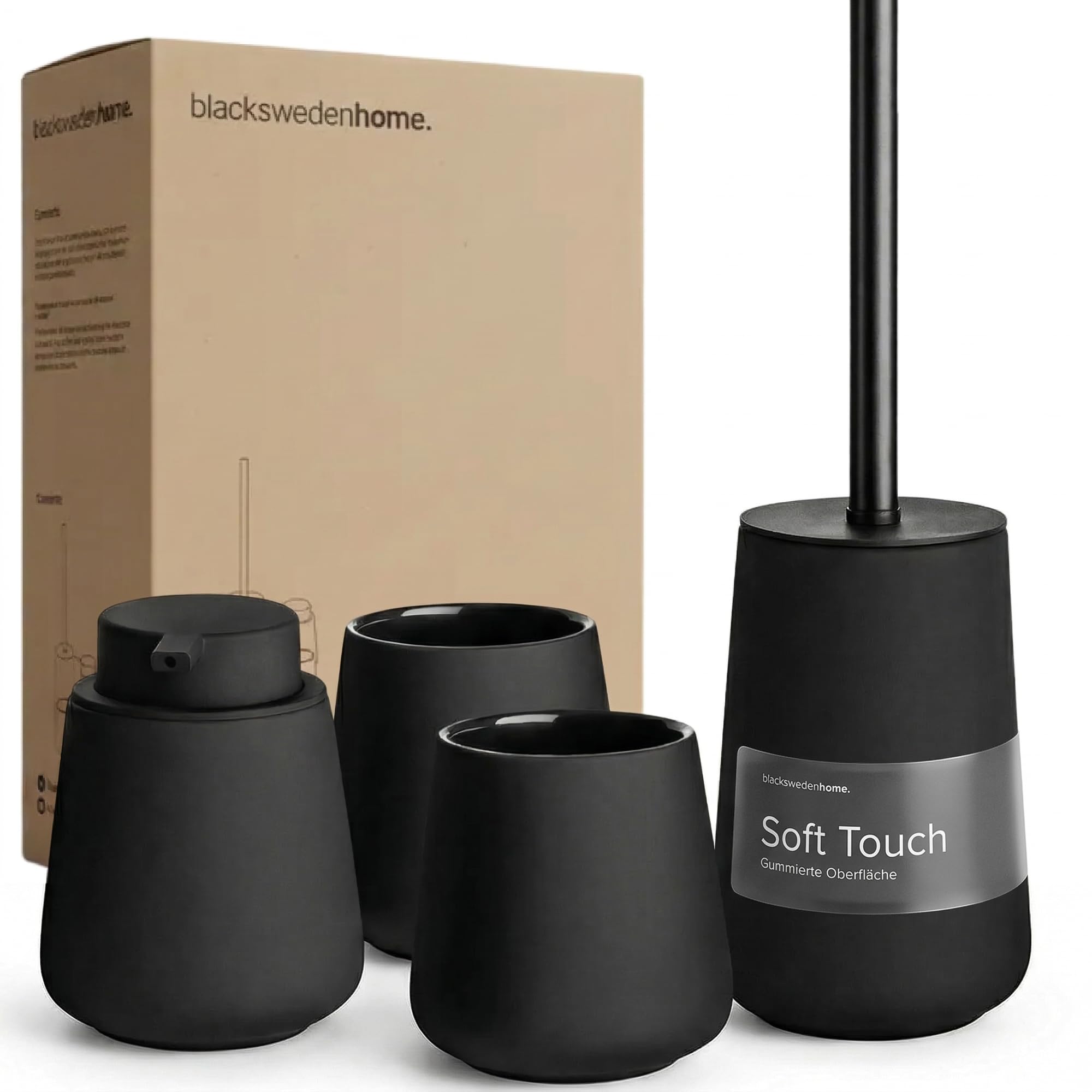blackswedenhome. Set de Accesorios Baño - Dispensador jabon baño, 2 Vasos, Escobilla de Baño - CerÔmica, Revestimiento Negro Mate, Diseño Nórdico - Decoración Baño