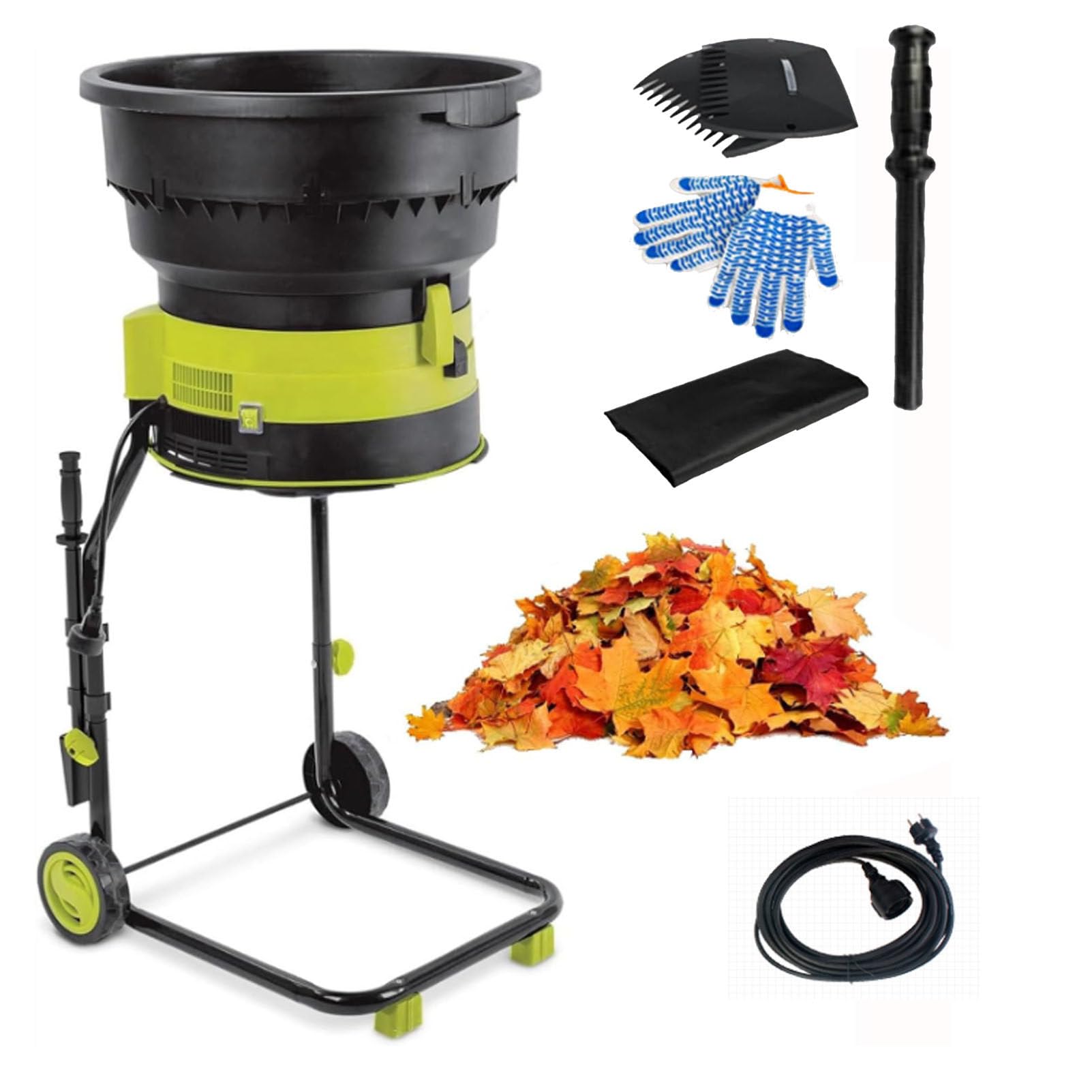 Trituradora eléctrica de Hojas para jardín, trituradora de 2500 W para Hojas y Ramas para triturado, compostaje y Limpieza del jardín, con Ruedas y Bolsa de Almacenamiento,10m-Power-Cord