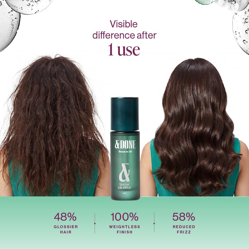 Image of &Done Showstopper Ultralight Serum-in-Oil For Wet & Dry Hair | Argan Oil & Baobab Oil Infused | Frizz Reduction & Styling Serum Suitable For All Hair | Reduces Frizz, Adds Shine & Smooths Hair- 30 ml