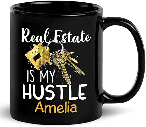Real Estate Is My Hustle Taza de café con nombre personalizado, taza de café de cerámica negra personalizada de 11 onzas y 15 onzas, taza de café de