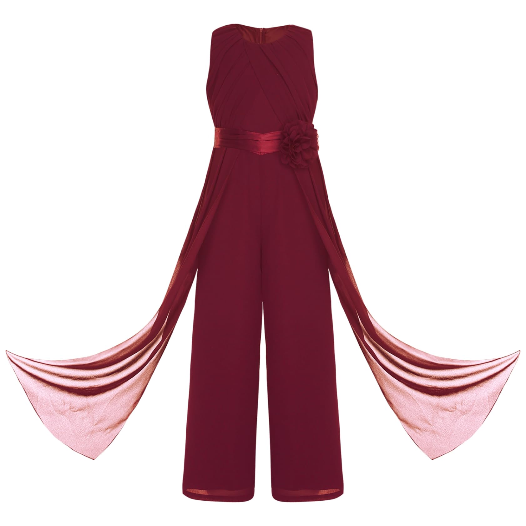 Jugaoge Tuta elegante da bambina in chiffon con balze floreali, senza maniche, plissettata, top e pantaloni lunghi, abbigliamento per bambini