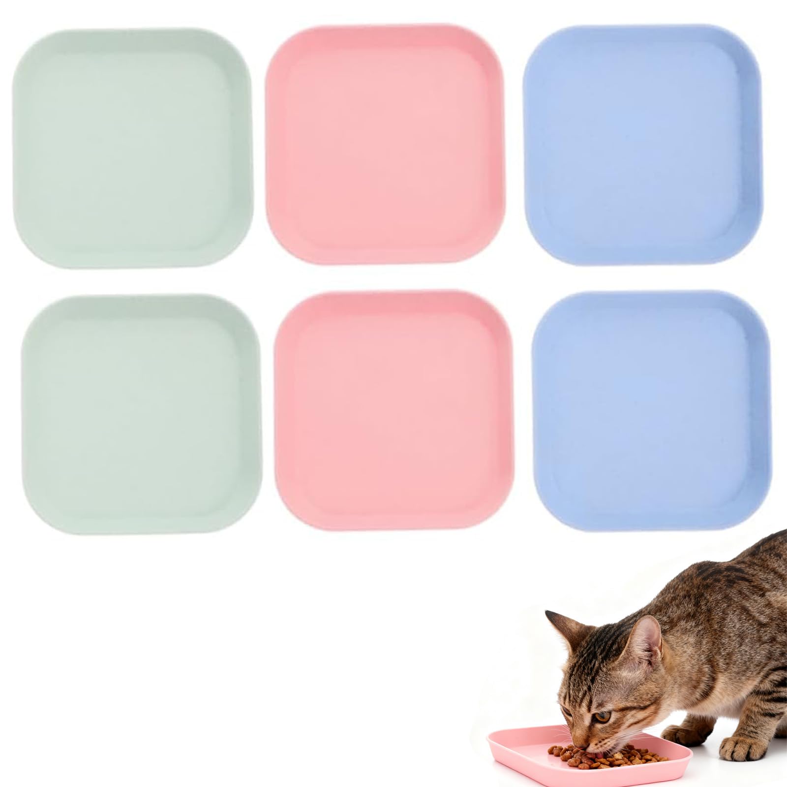 6PCS Kitten Food Bowls, Shallow Cat Food Bowl, Wheat Straw Kitten Dishes, Square Cat Plates, Colorful Cats Bowls for Kittens and Short Legged Cats