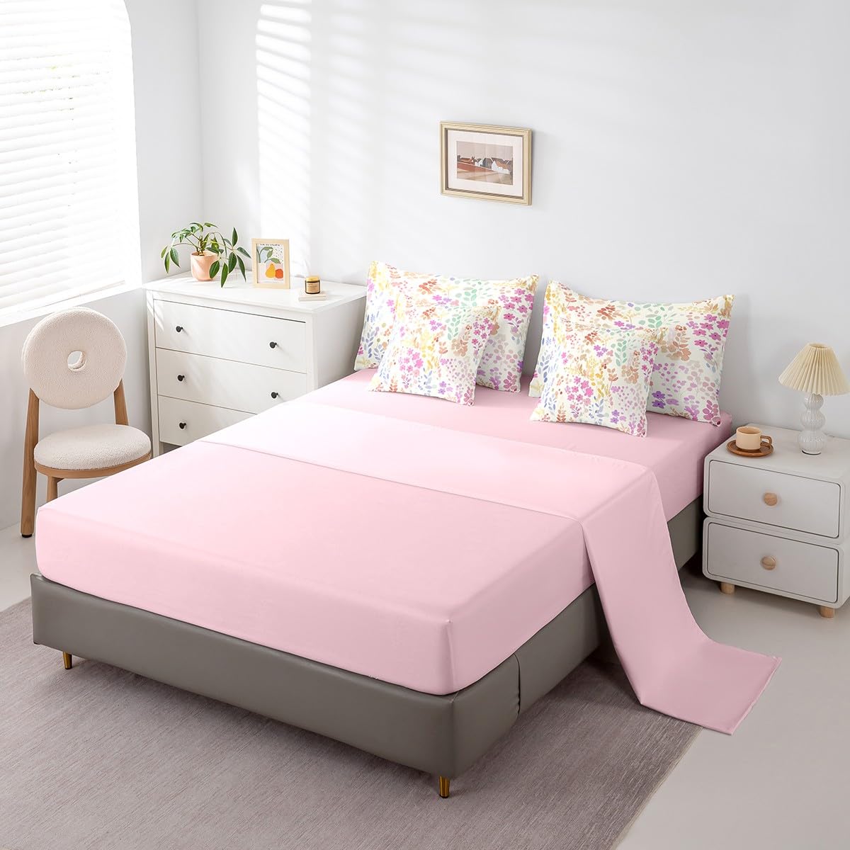 Erosebridal Juego de Cama matrimonial de 7 Piezas con diseño Floral Rosa en una Bolsa, Juego de edredón Bohemio de Flores arcoíris con sábanas para niños, niñas y Mujeres, Juego de Ropa de Cama de