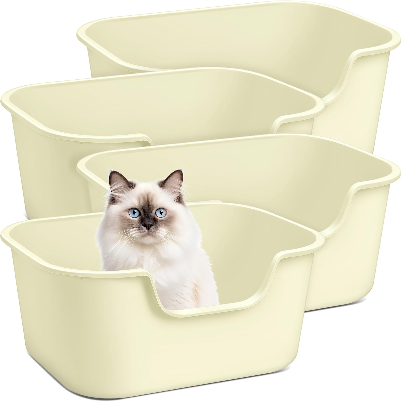 4 Pcs High Wall Cat Litter Box Extra Large High Sides Cat Litter Pan Low Entry Cat Litter Box Indoor Anti Splashing Open Top Pet Litter Tray Large Space Easy to Clean (White)