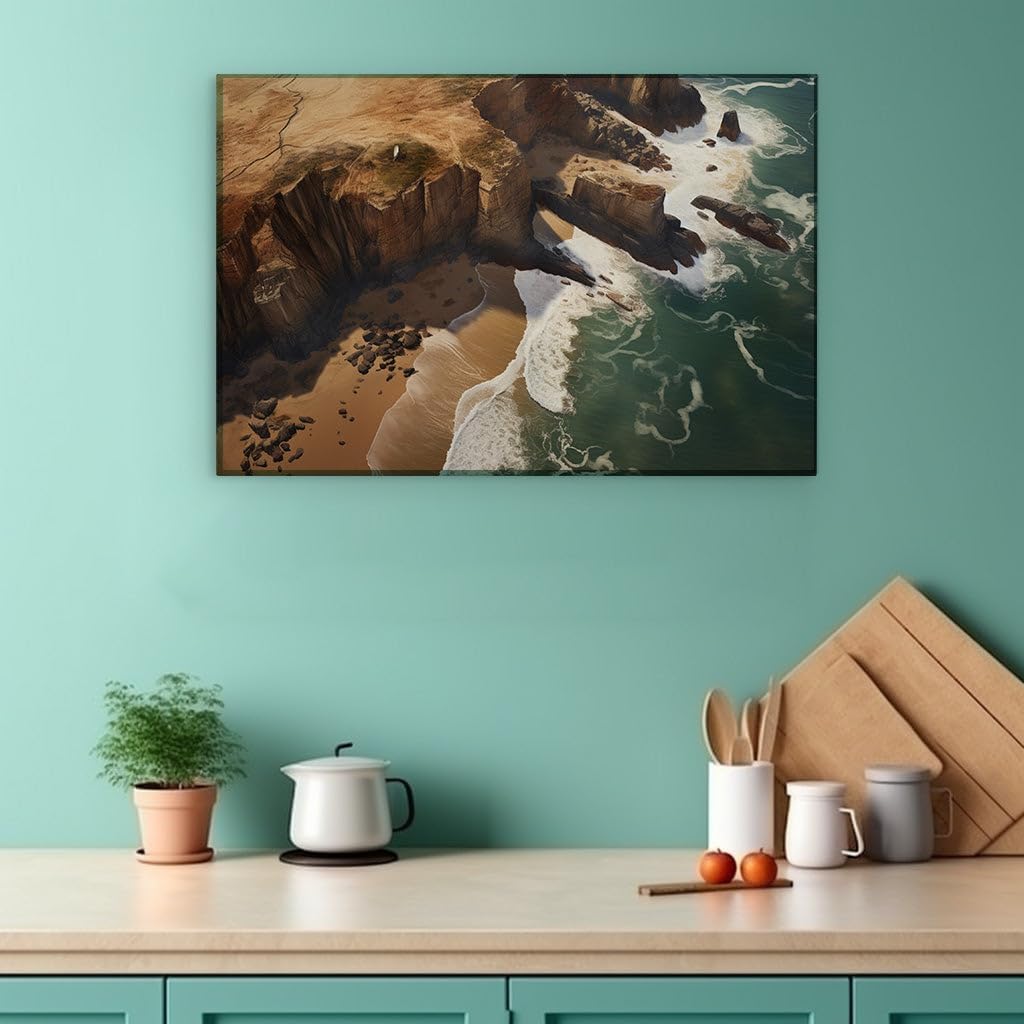 Canvas for Living room. Enchanting Seashore Splendor: A Tapestry of Sand, Stone, and Surf, 27 x 18 inch Canvas Wall Art - Seascapes And Ocean - Modern Home Decor