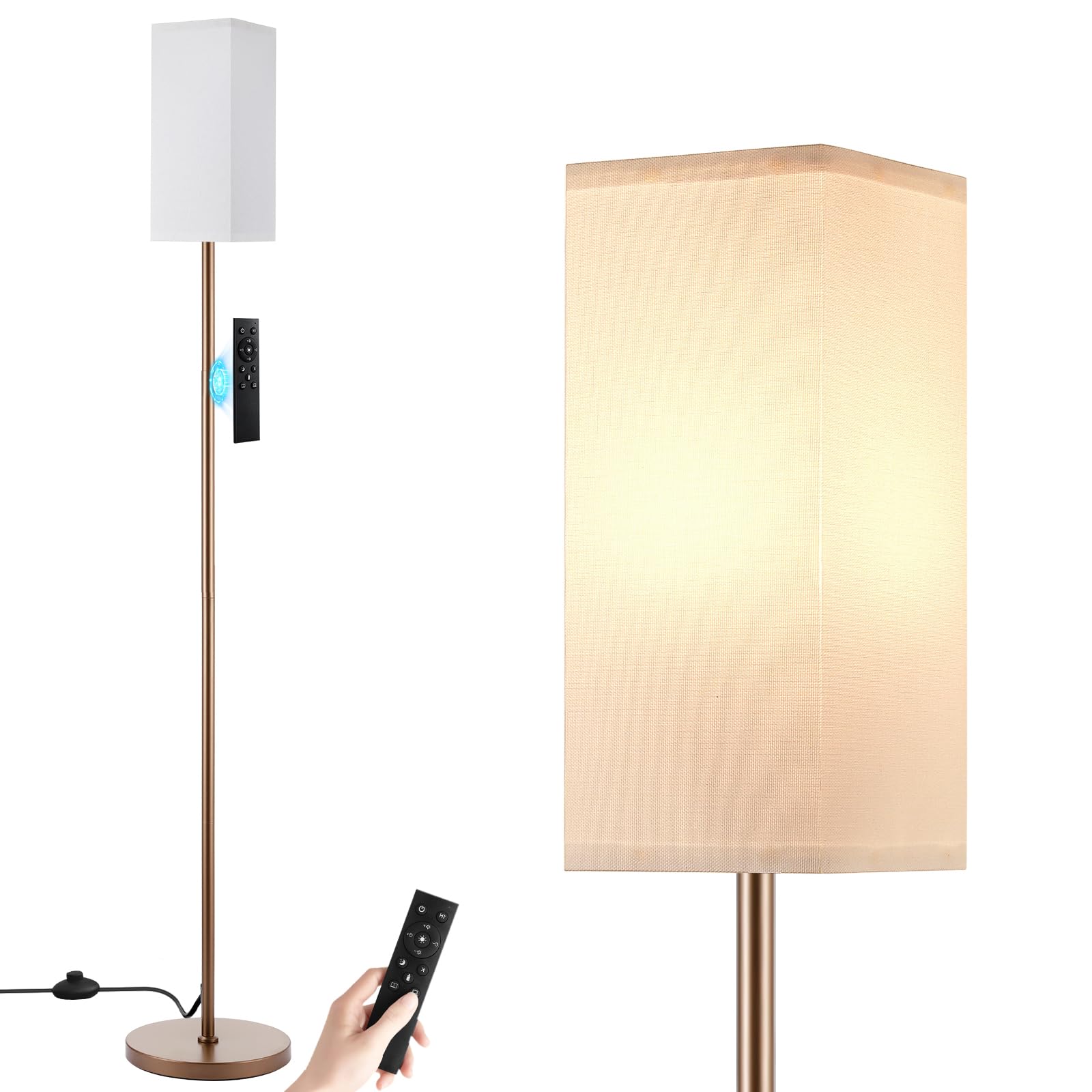 Ambimall Remote Control Floor Lamp, Stepless Dimmable, 64 Inches Tall, Include 9W Bulb, Standing Lamp for Living Room Bedroom Office (White &amp; Brown)