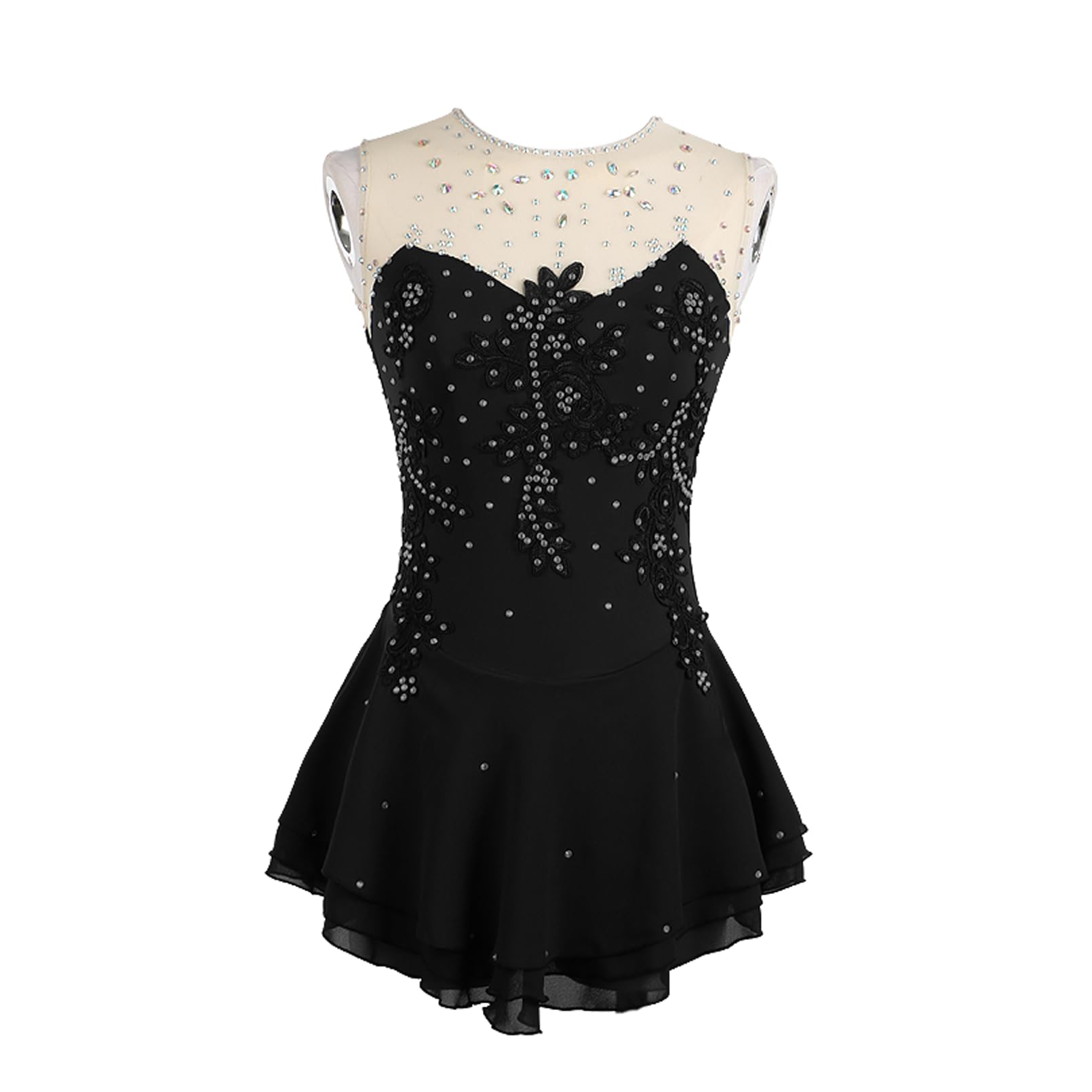 Maillot Profesional de Competición de Patinaje Artístico para Niñas Hecho a Mano con Pedrería Sin Mangas Traje de Gimnasia Rítmica y Vestido Ballet
