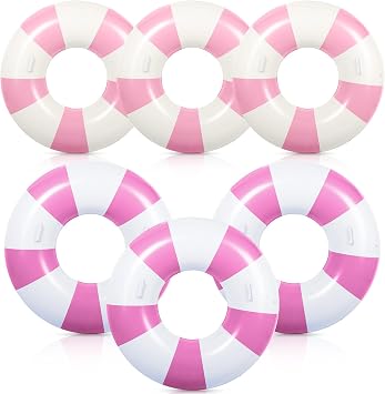6 Pcs Giant Vintage Pink Stripe Pool Floats for Adults 47 Inch 35 Inch Inflatable Large Swim Ring with Handles Inner Tubes Lounger Float for Teens Summer Beach Party Supplies