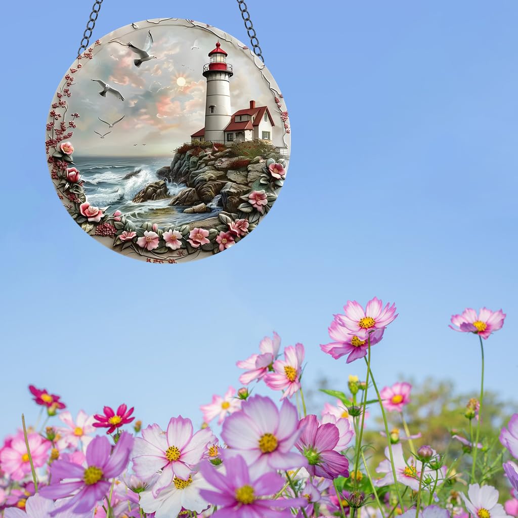 WOHAHA Lighthouse Acrylic Window Hanging Watchtower Seagulls Flower Stained Suncatchers for Window Acrylic Panels Bedroom Garden Kitchen Wall Decoration Gifts for Women Mom Grandma Teacher