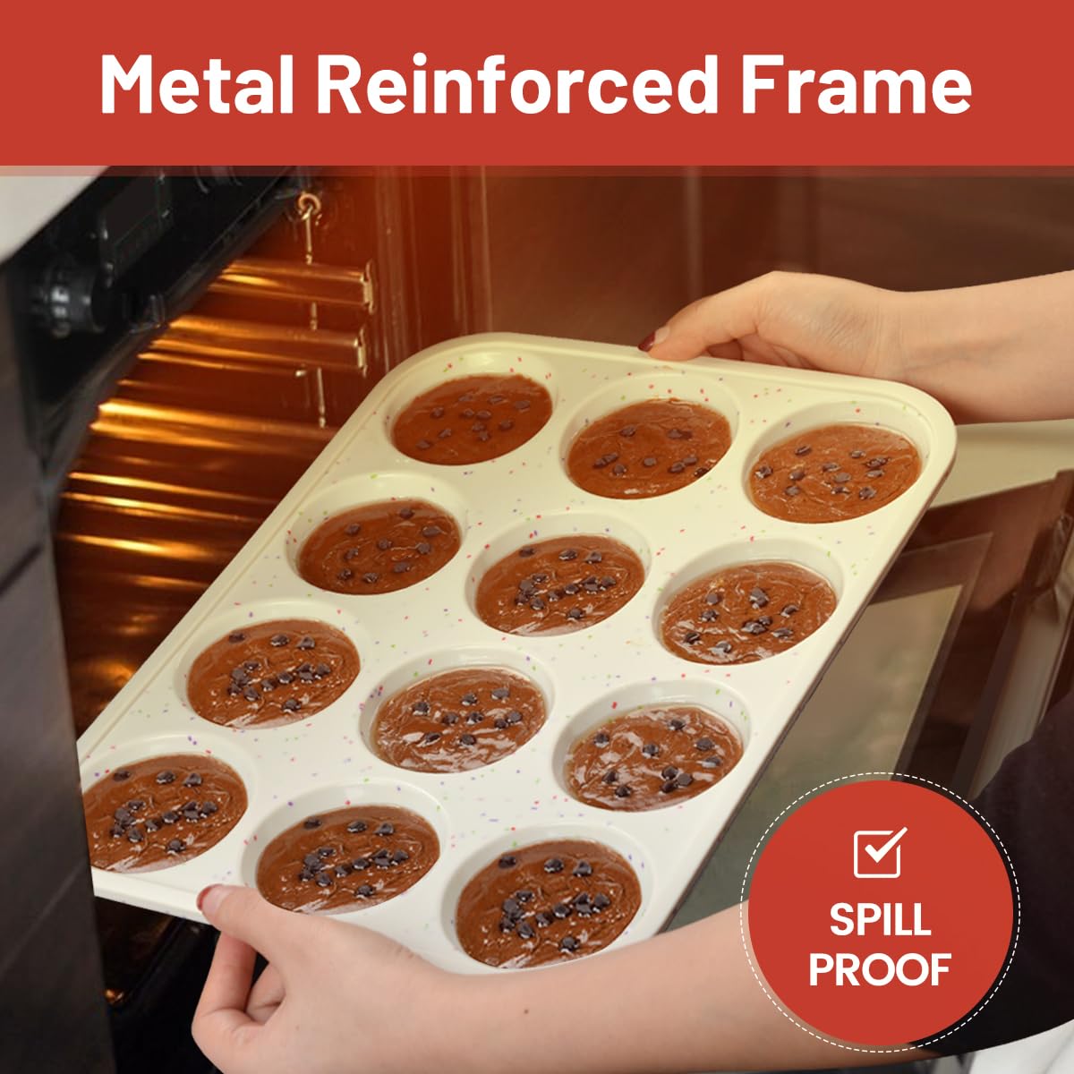 CAKETIME Silikon-Muffinform, metallverstärkter Rahmen, Cupcake-Form, 12 Tassen, normale Größe, leicht zu bewegen in oder aus dem Ofen, antihaftbeschichtet (2)