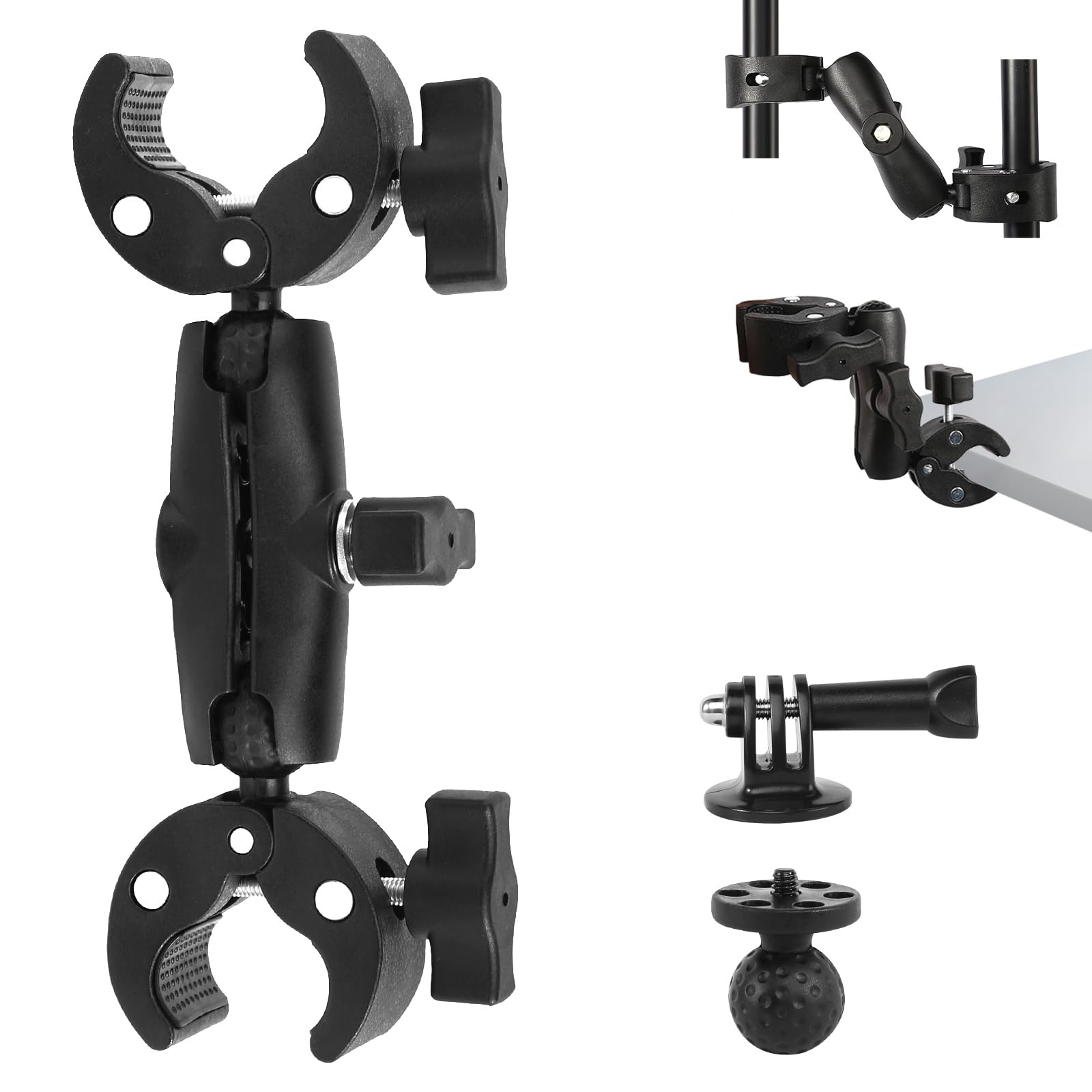 Supporto Action Camera Supporto Morsetto per Fotocamera con Filo da 1/4"-20 Morsetto a Doppia Testa Rotante a 360° Super Clamp per GoPro Treppiedi Leggeri Riflettori Biciclette Moto Manubri