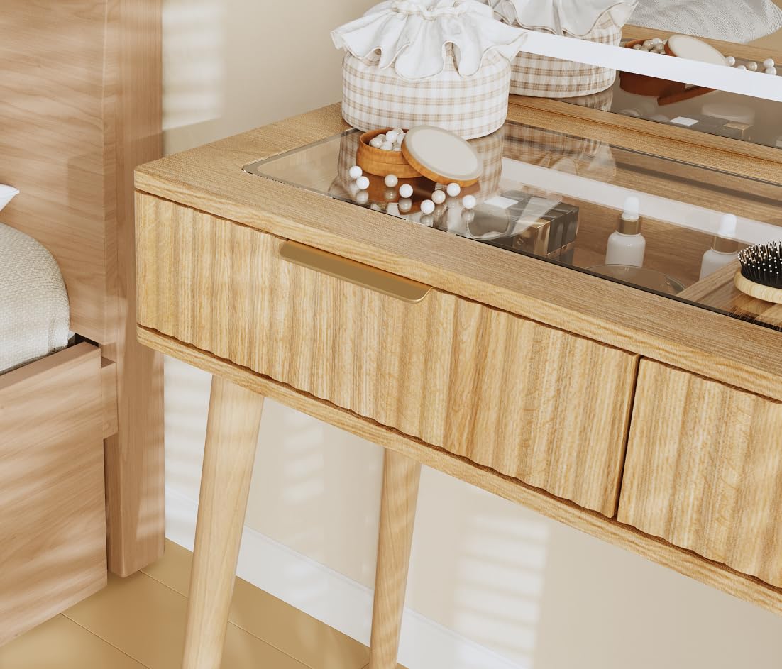 Plateau de Coiffeuse avec Miroir Lumineux 90 cm – 2 tiroirs intégrés + Plateau Verre trempé – À associer au Caisson de Rangement (Vendu séparément) – Chêne Naturel