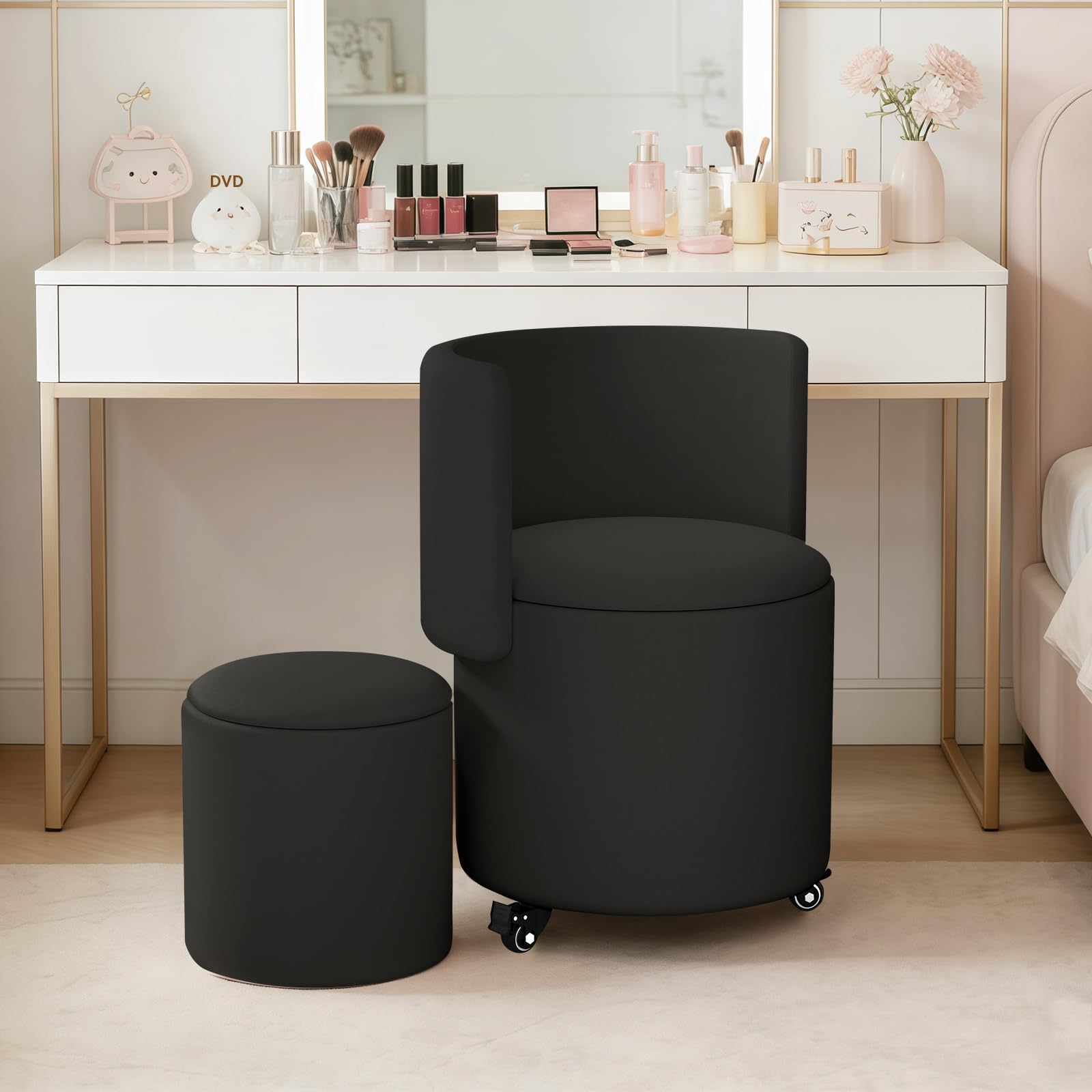 Rollbarer Kosmetikstuhl mit Stauraum, drehbarer Make-up-Stuhl mit klappbarer Rückenlehne, kleine gepolsterte Ottomane aus PU-Leder für Schlafzimmer und Wohnzimmer