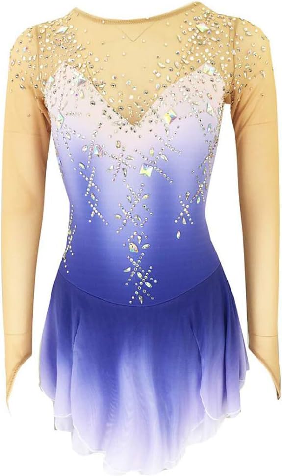 Girls' Long Sleeve Figure Skating Performance Dress Gradient Ice Skating Dresses with Crystals Gymnastics Leotard