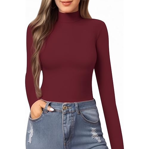 MANGOPOP Women's Mock Turtle Neck Slim Fit Long Half Elbow 3/4 Short Sleeve T Shirts Tight Tops Basic Tee
