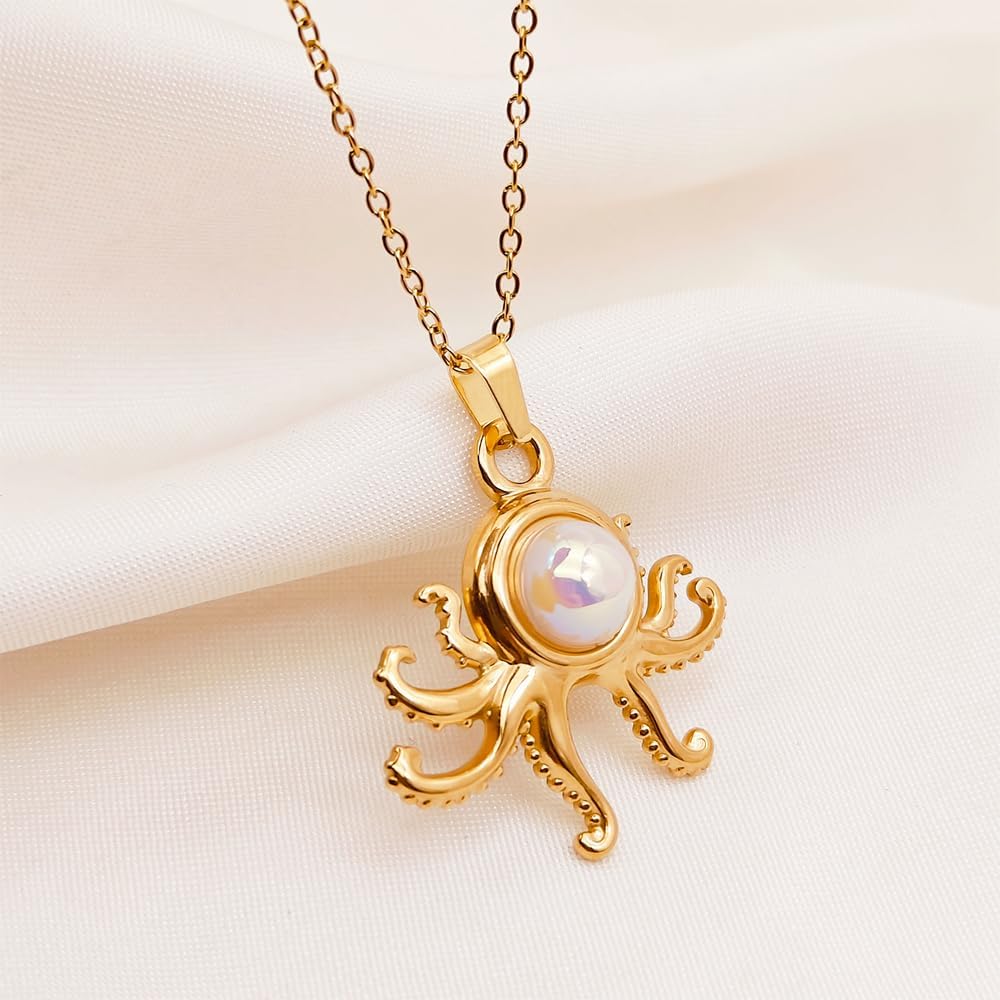 Octopus Necklace For Women 18k Gold Plated Stainless Steel Acrylic Pearl Trendy Boho Cute Octopus Hoop Huggie Dangle Drop Earrings And Necklace Set Ocean Summer Beach Jewelry - Image 3