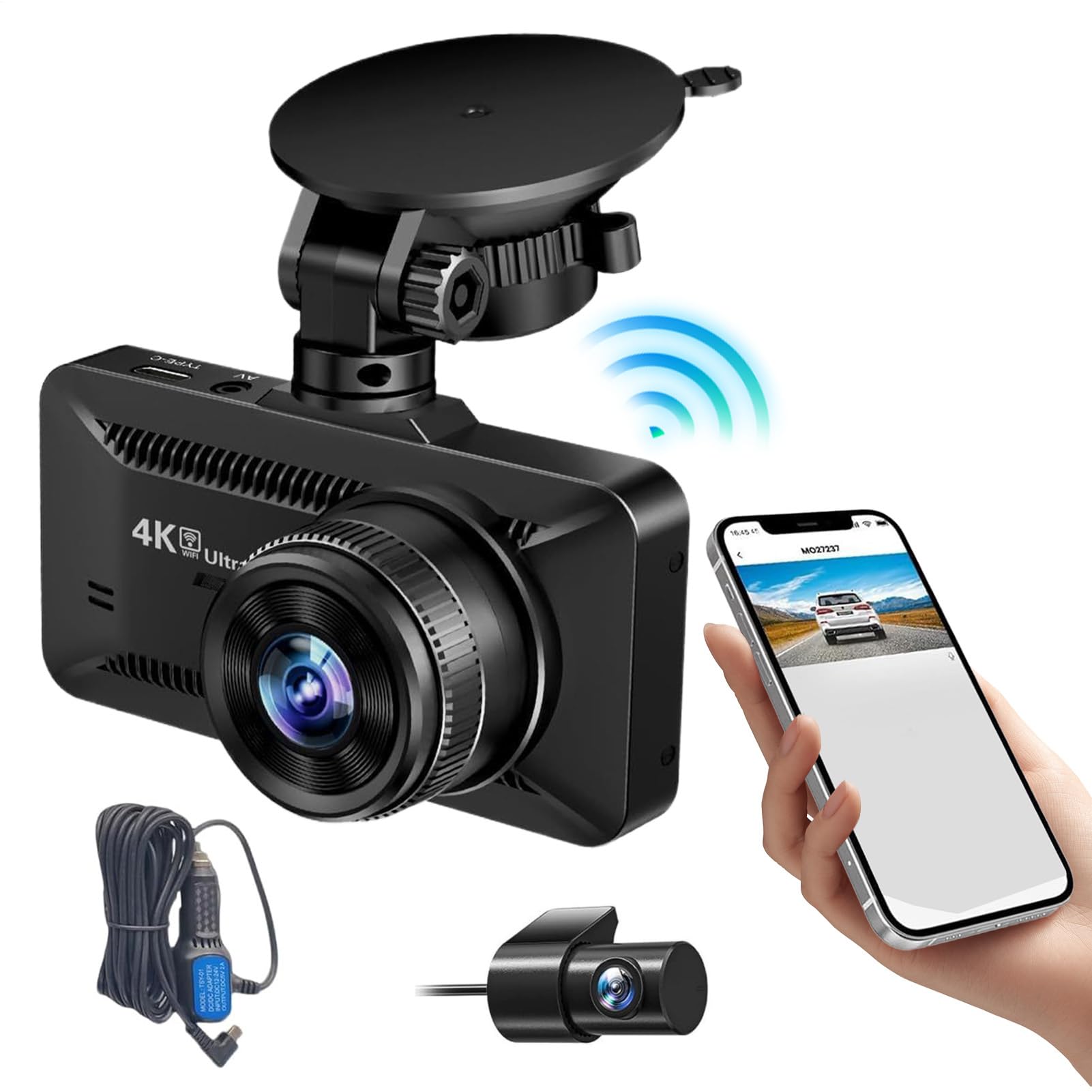 Telecamera Auto Registratore 4K Visione Notturna Senza Fili | Telecamera Visione Notturna 360 Gradi Anteriore e Posteriore per Monitoraggio di Veicoli e Camion per Parcheggio Guida e