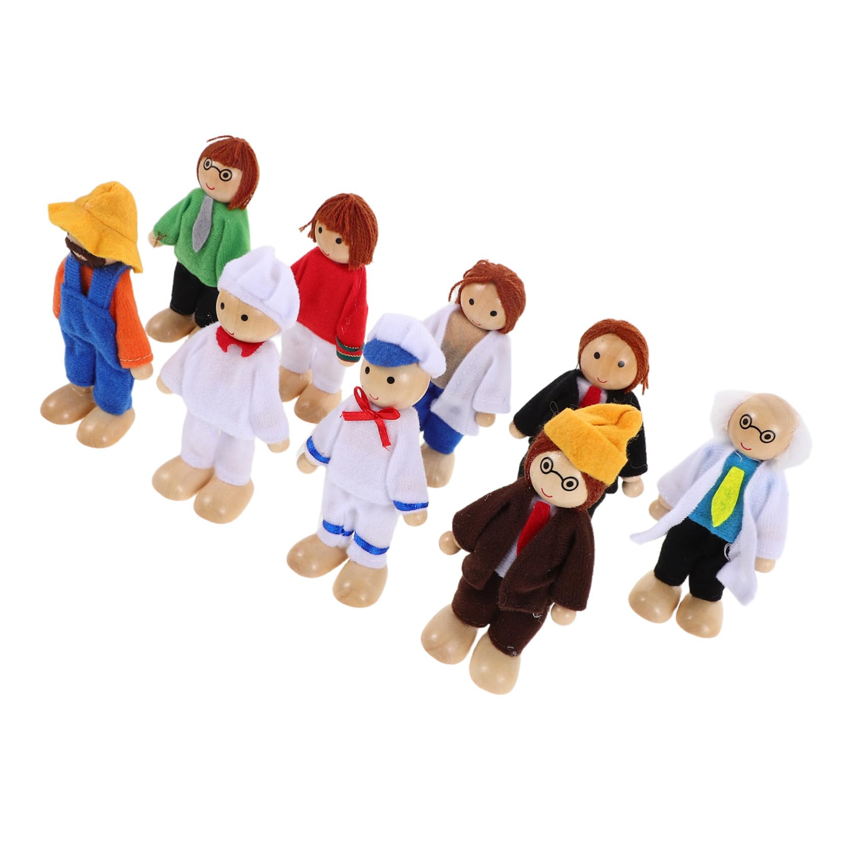 CORHAD 9pcs Articulated Wooden Dollhouse Family Set with Movable Joints Pretend Play Figures for Educational Storytelling Featuring Miniature Community Helper Roles