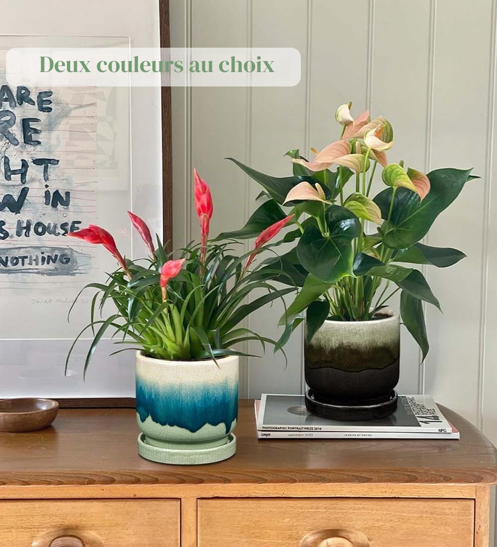 Oairse Pot en céramique pour plantes, 13 cm, vase de plantation en céramique, petit pot décoratif avec trou de drainage et sous-pots, dégradé de couleur, noir, pour l'extérieur, pot de fleurs