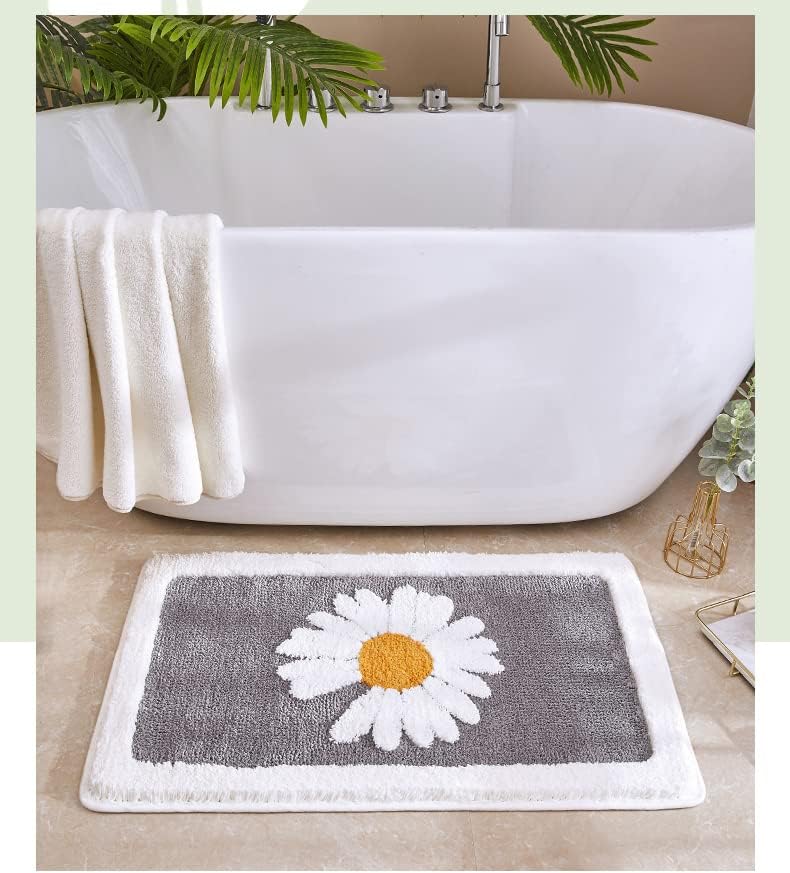Daisy Non Slip Bath Mat Thickened Bath Rug for Bathroom Absorbent Ultra Soft Bathroom Mat Rug Fluffy Microfiber Bedside Rug Carpet Floor Mat, Quick-drying, Machine Washable (Daisy-light Grey, 50x80cm)