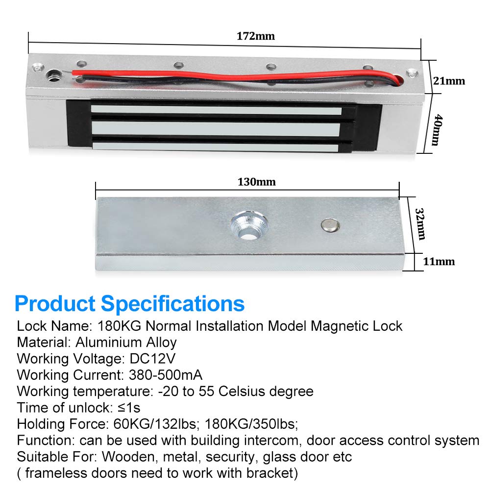 Dongyang Kit de système de contrôle d'accès de Porte avec Clavier RFID 180 kg Serrure magnétique + Source d'alimentation + 10 pièces de Porte-clés Set Complet
