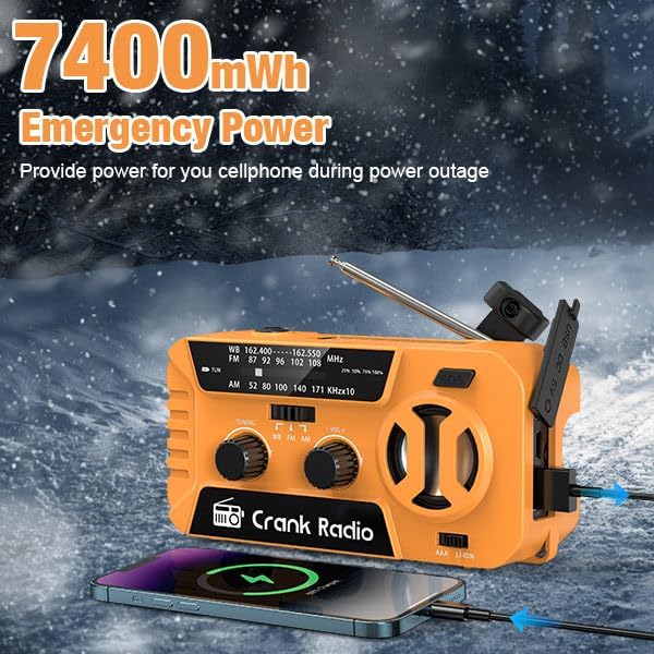 Miniatura 3 de Radio meteorológica de emergencia para huracanes, radio meteorológica NOAA radio de emergencia con batería de 7400 mWh, USBsolarmanivela, funciona