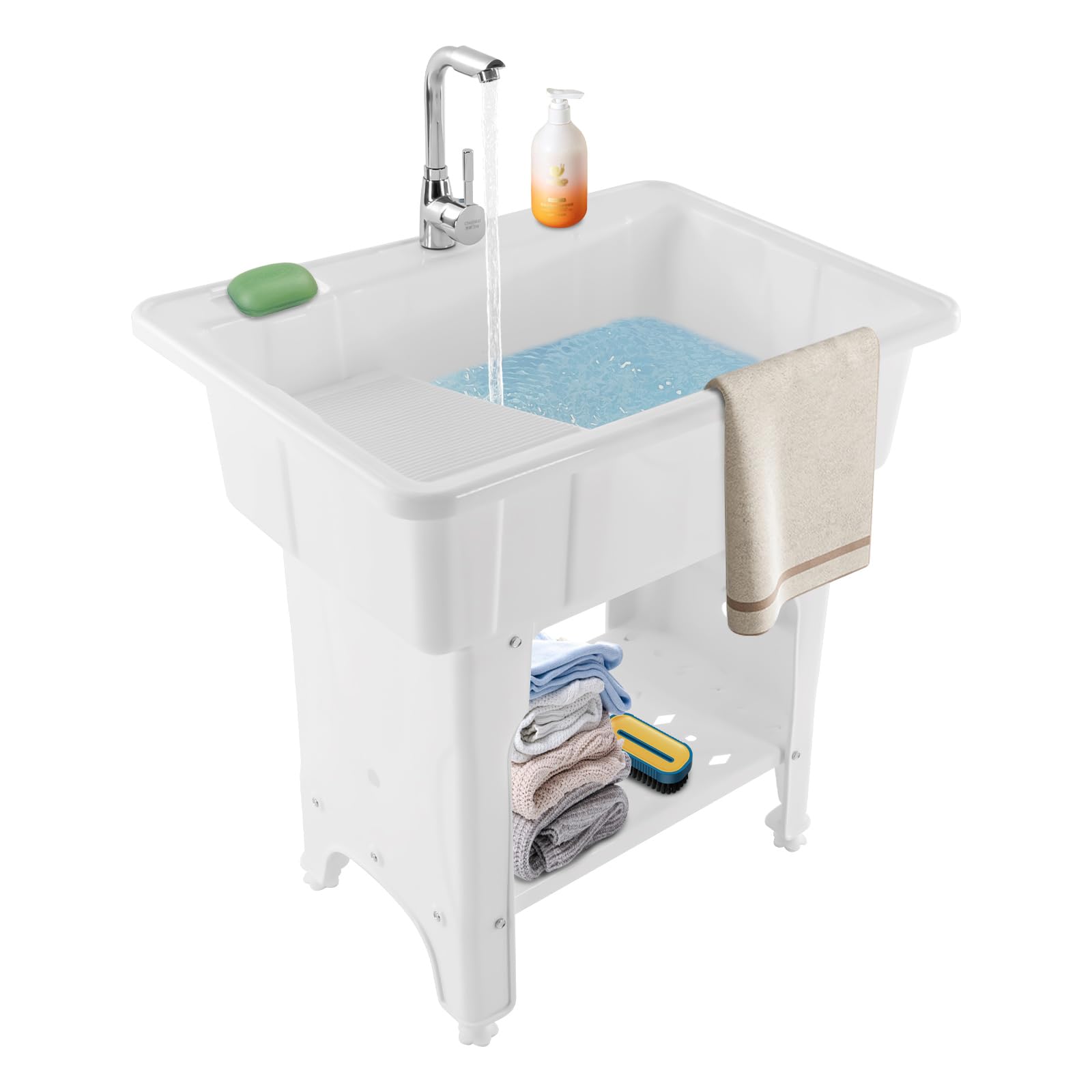 Plastic Utility Sink Free Standing Single Bowl Sink Pedestal Sink Laundry Tub Deep Utility Tub with Washboard Rotatable Faucet for Kitchen (white-