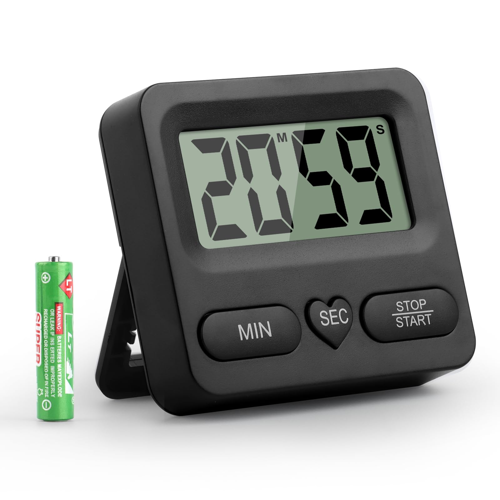 KEWUZY Digital Timer and Stopwatch, Multifunctional Kitchen Timer, Timer for Children, Magnet and Holder, Memory Function, Large Digital Display with Alarm Bell, for Learning, Cooking, Sports (Black)