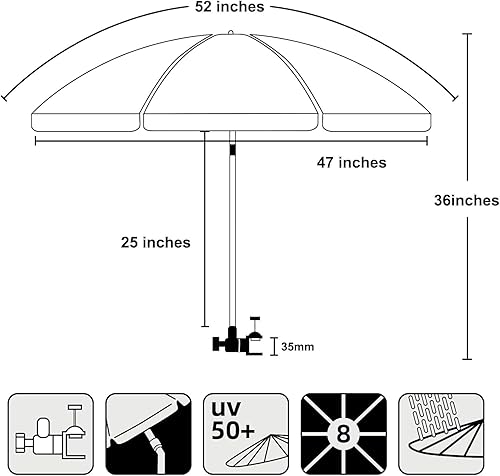 Miniatura 7 de AMMSUN Paraguas para silla XL con abrazadera mejorada ajustable de 47 pulgadas y giro de 360 grados UPF 50+, abrazadera universal portátil para